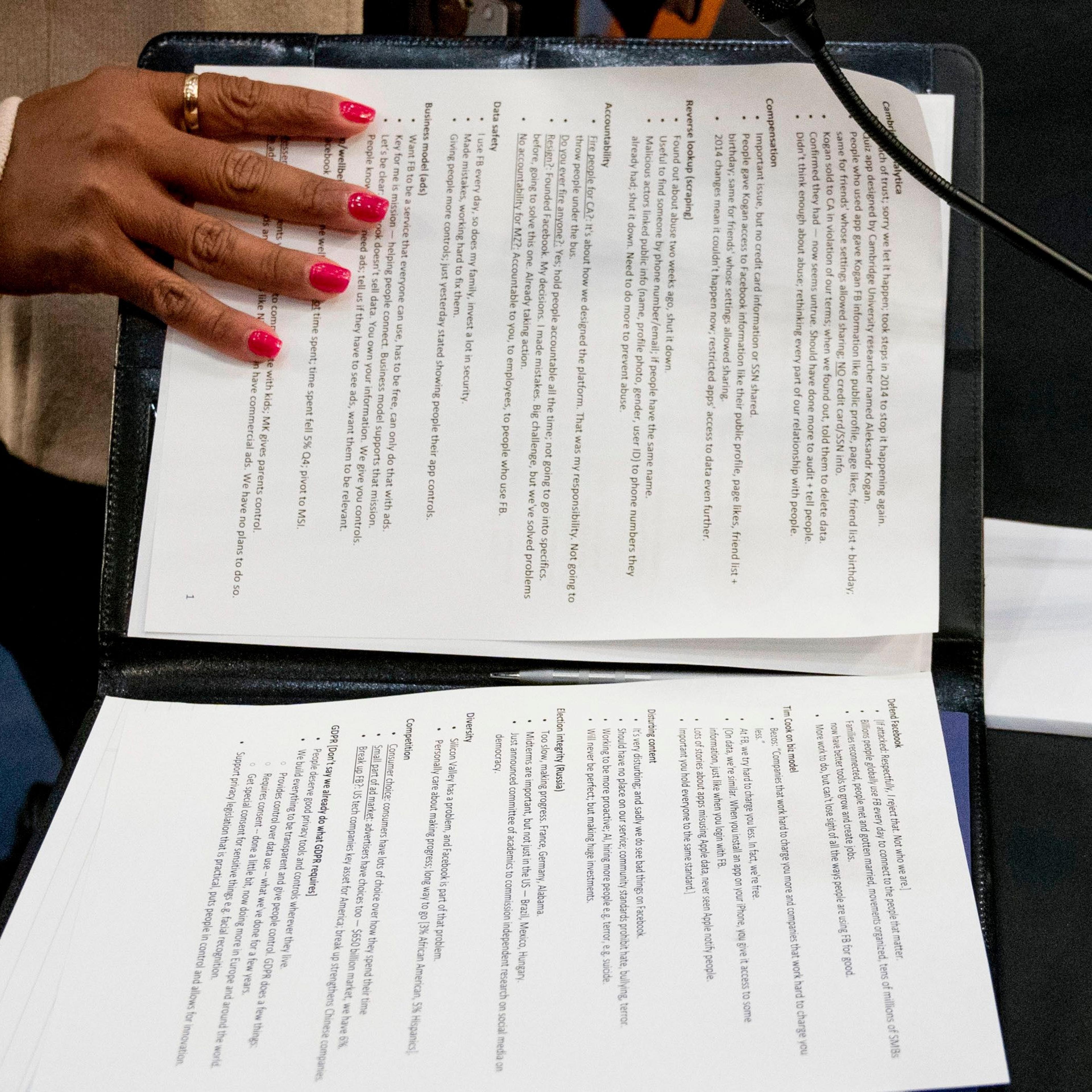 Mark Zuckerberg's notes on Facebook Privacy Scandal Congress, Washington, USA - 10 Apr 2018