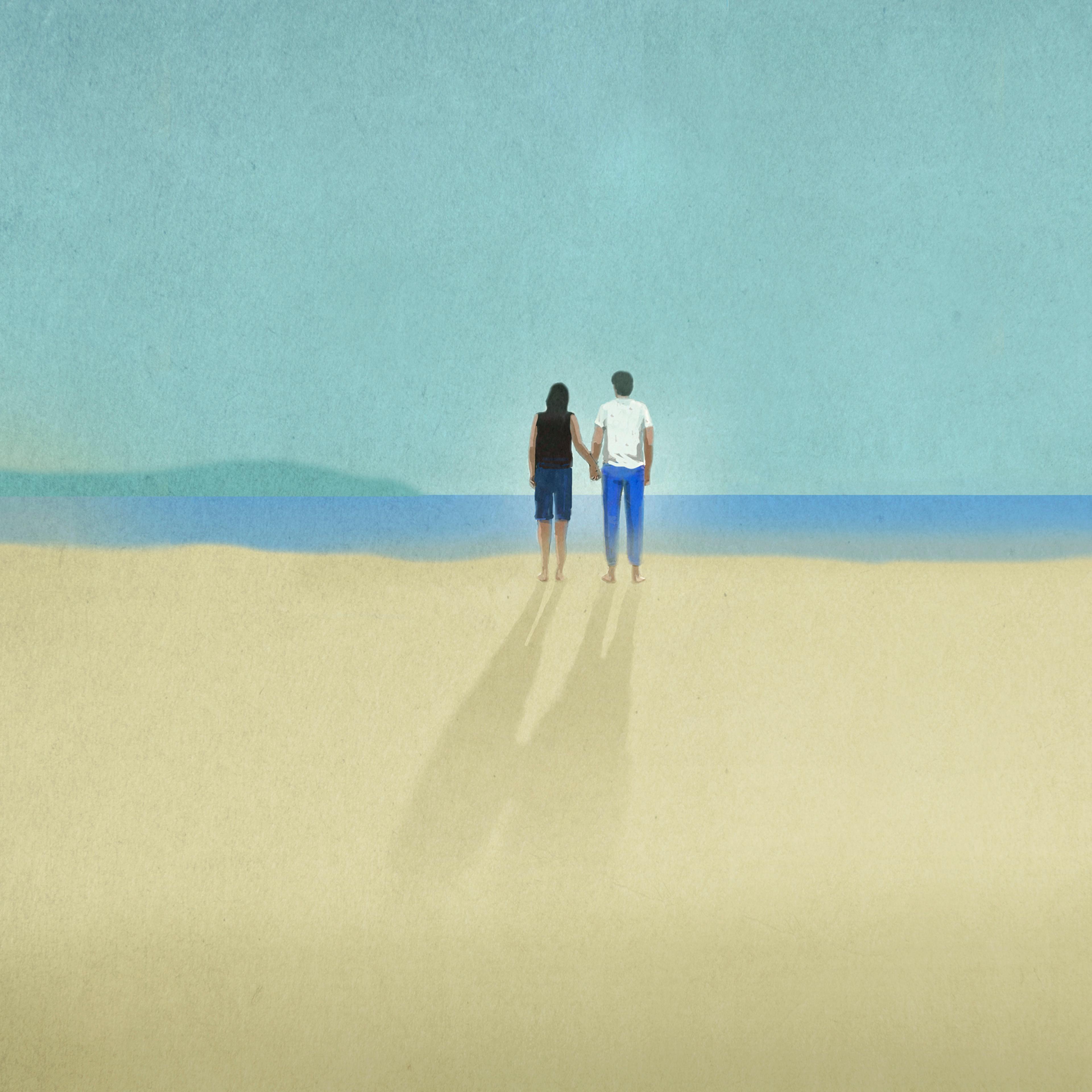 Illustration of young couple holding hands on sandy beach