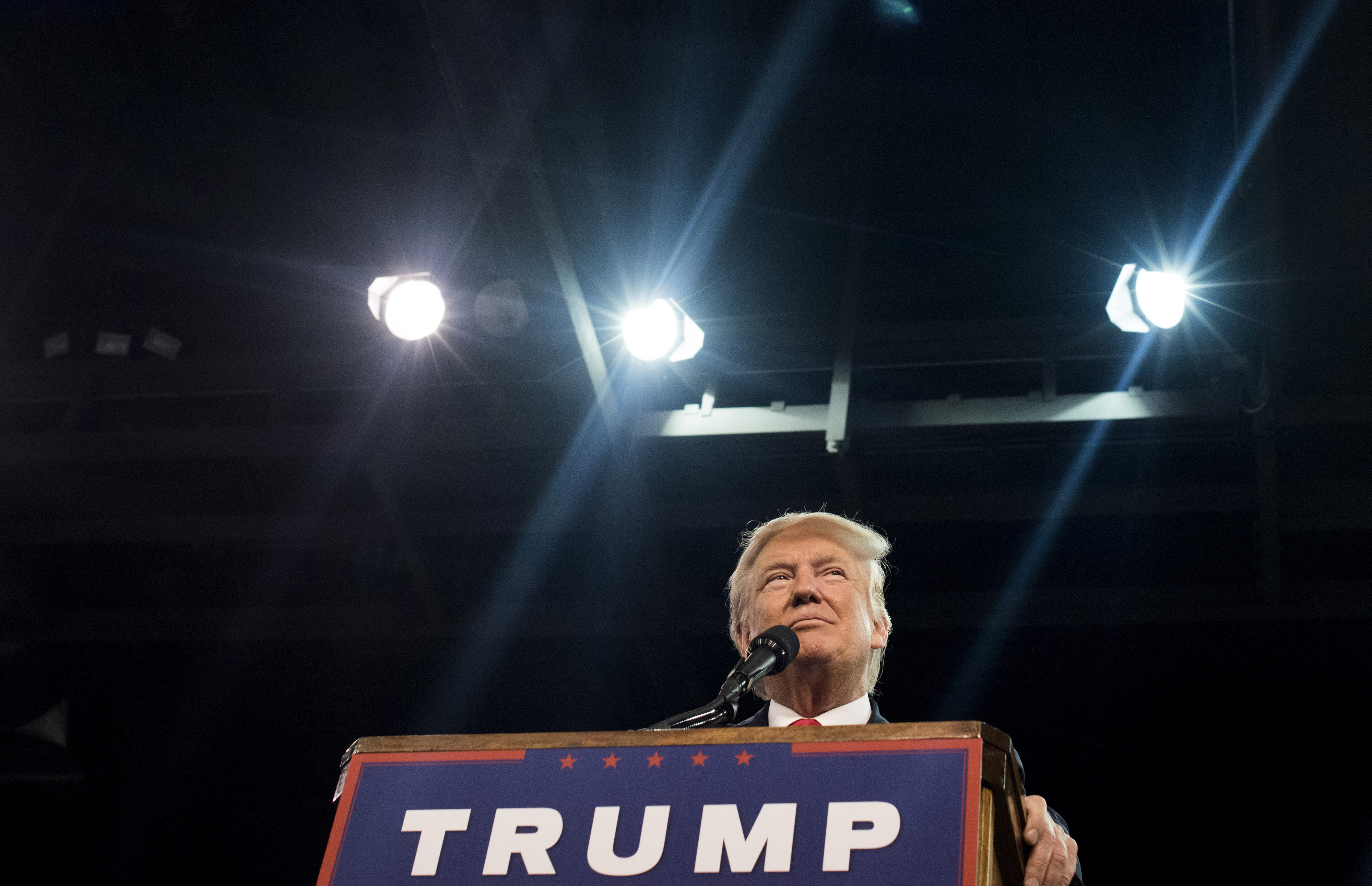 Donald Trump, 2016 Republican presidential nominee, pauses while speaking during a campaign rally at the Erie Insurance Arena in Erie, Penn., on Aug. 12, 2016.