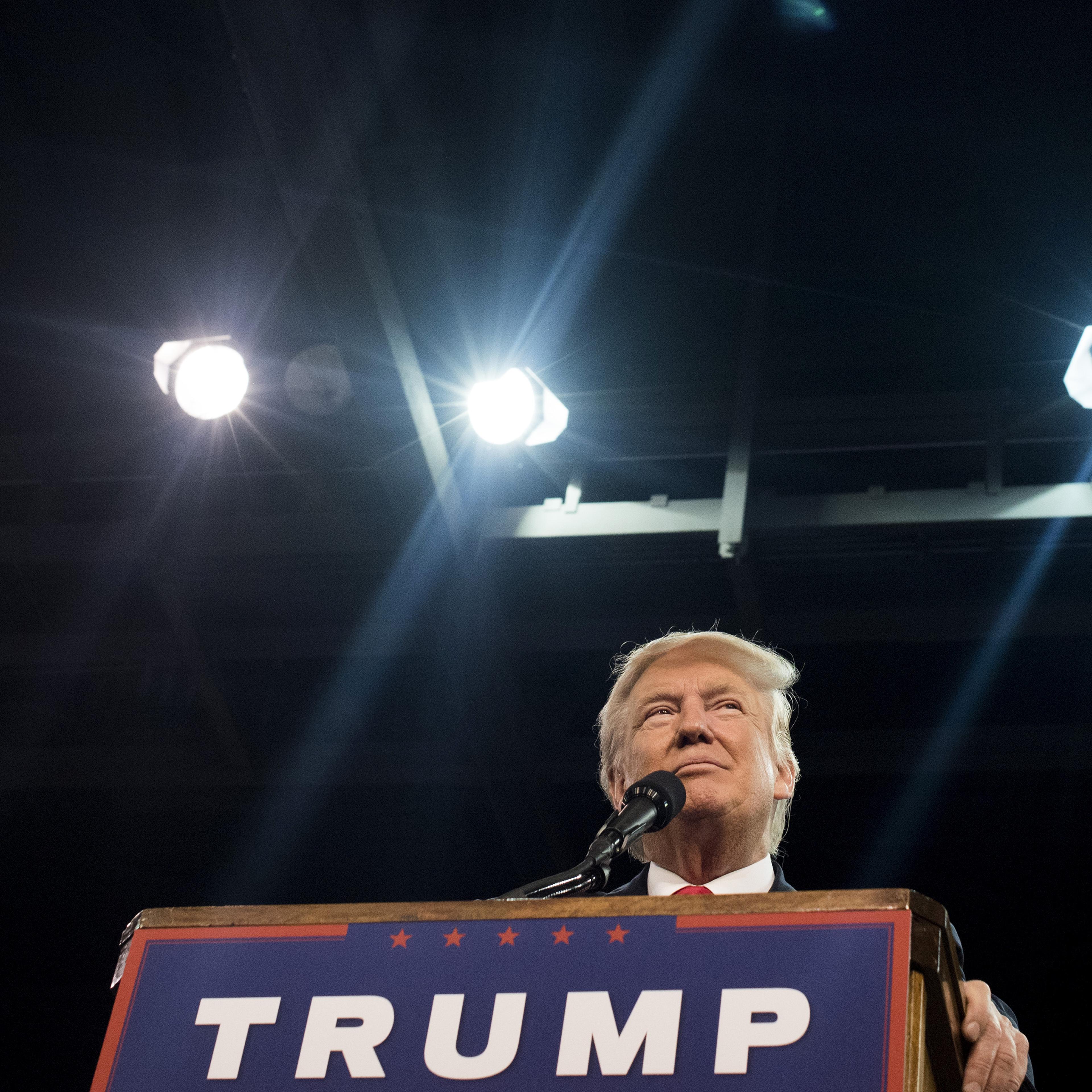 Donald Trump, 2016 Republican presidential nominee, pauses while speaking during a campaign rally at the Erie Insurance Arena in Erie, Penn., on Aug. 12, 2016.