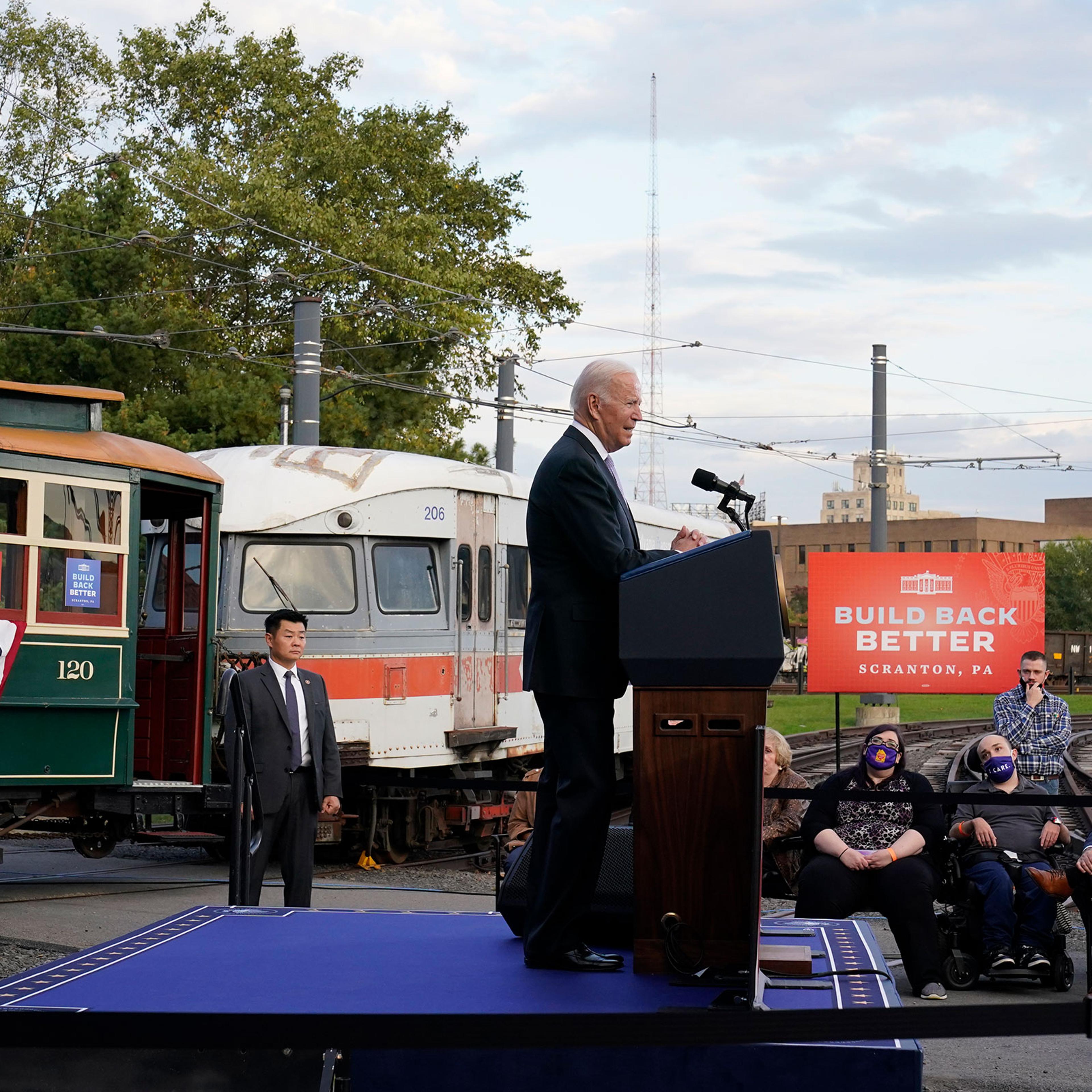 President Joe Biden speaks about his infrastructure plan and his domestic agenda during a visit to the Electric City Trolley Museum in Scranton, Pa., on Oct. 20, 2021.