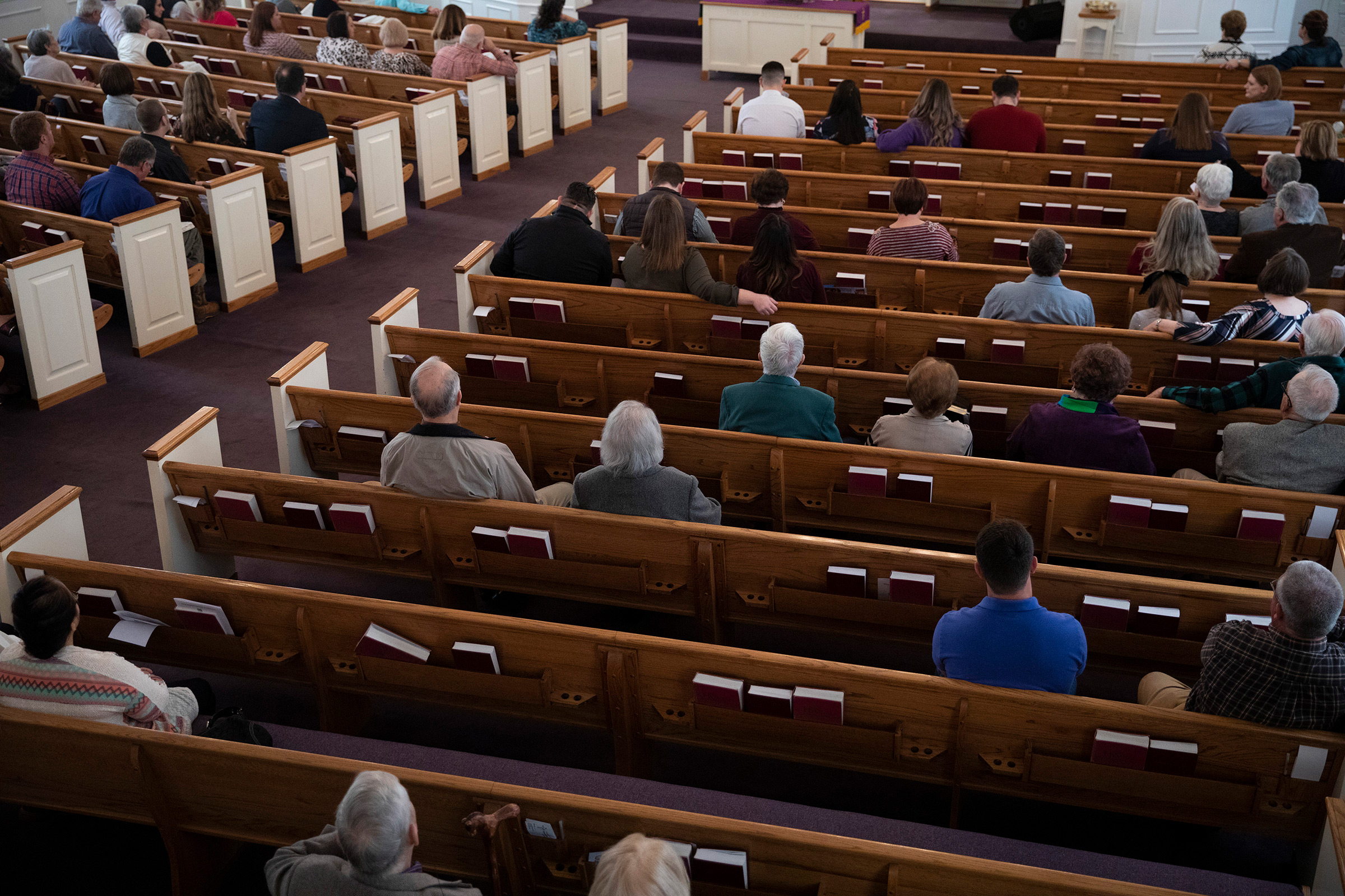 Worshipers inside the First Baptist Church of Williams for a Sunday service in Jacksonville, Ala., on March 1, 2020.