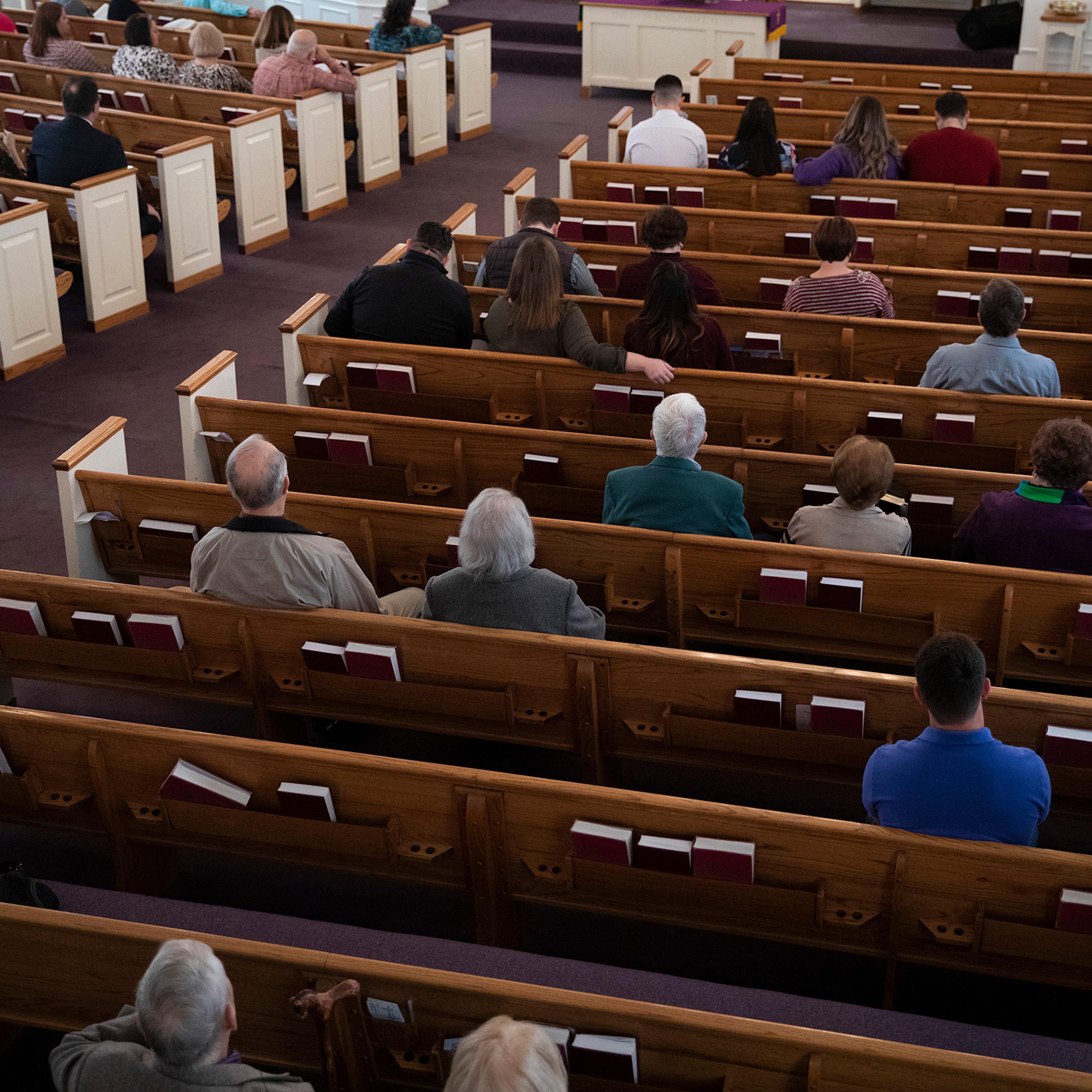 Worshipers inside the First Baptist Church of Williams for a Sunday service in Jacksonville, Ala., on March 1, 2020.