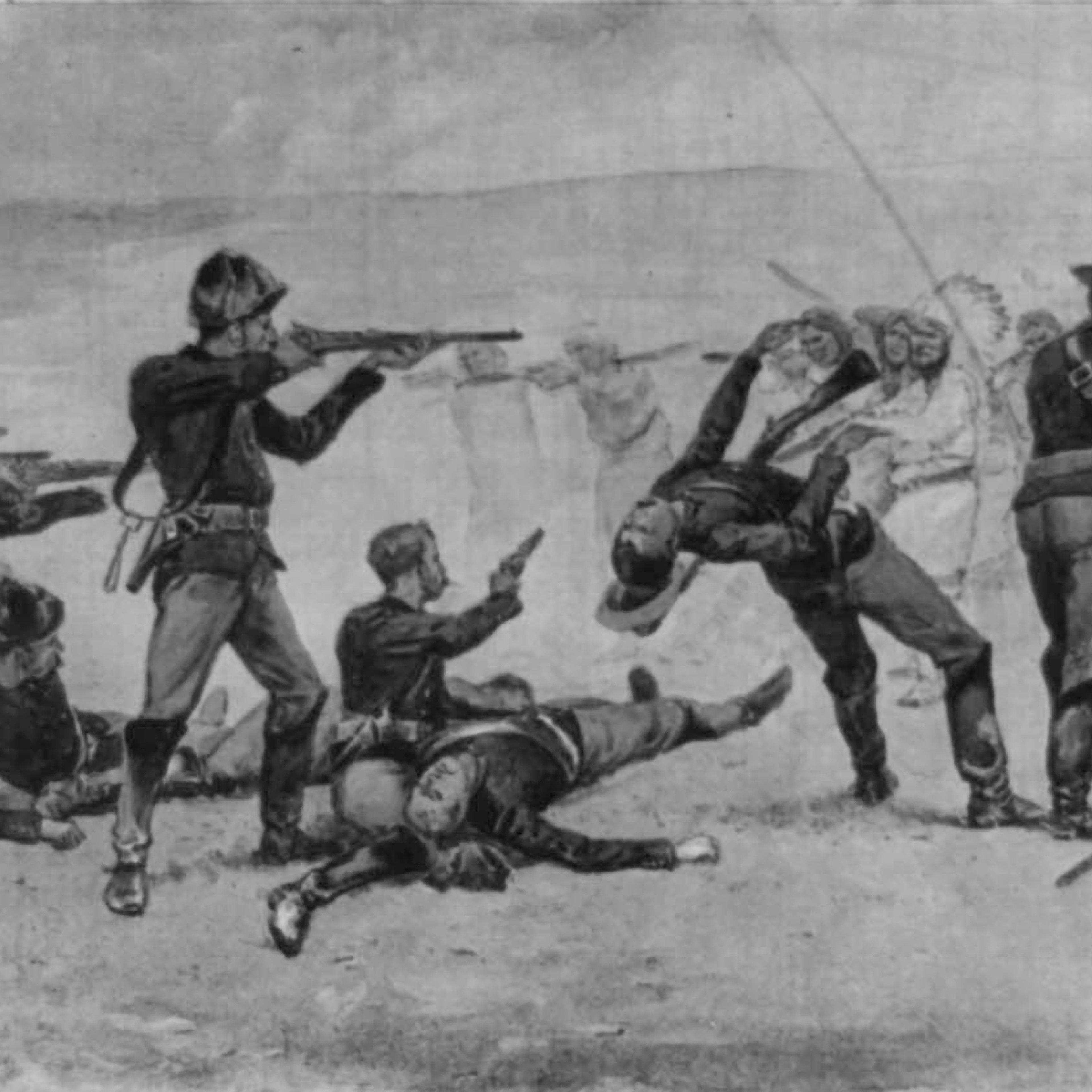 Opening of the Massacre at Wounded Knee, South Dakota, 29 December 1890. US Seventh Cavalry in battle with Lakota Sioux Native American.