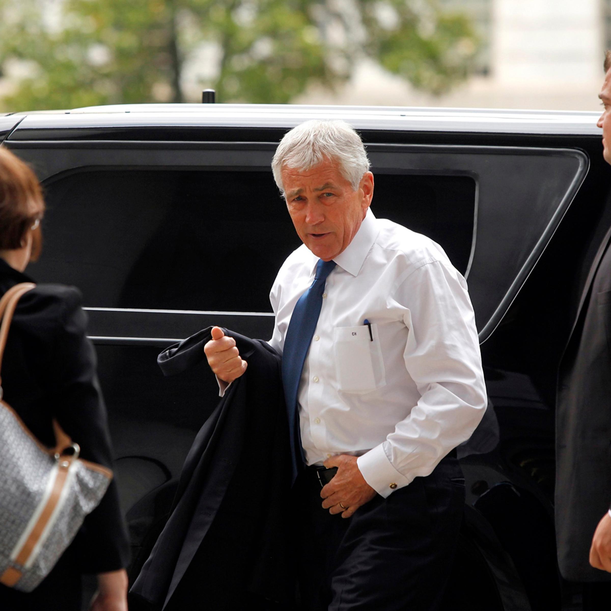 Defense Secretary Chuck Hagel arrives to testify about the Bergdahl prisoner exchange, at a House Armed Services Committee hearing on Capitol Hill in Washington June 11, 2014.