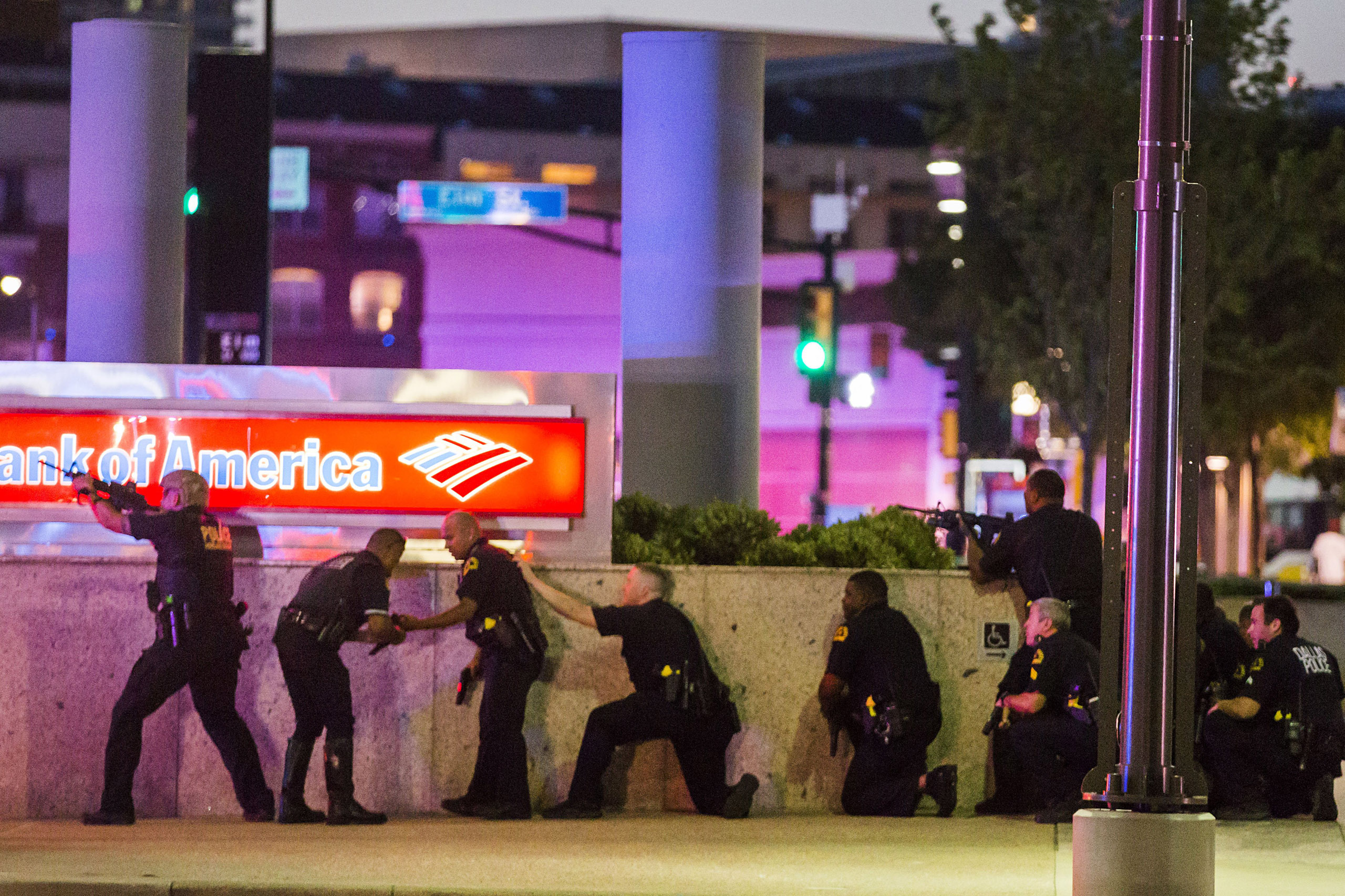 Dallas Police respond after shots were fired at a Black Lives Matter rally in downtown Dallas on July 7, 2016.