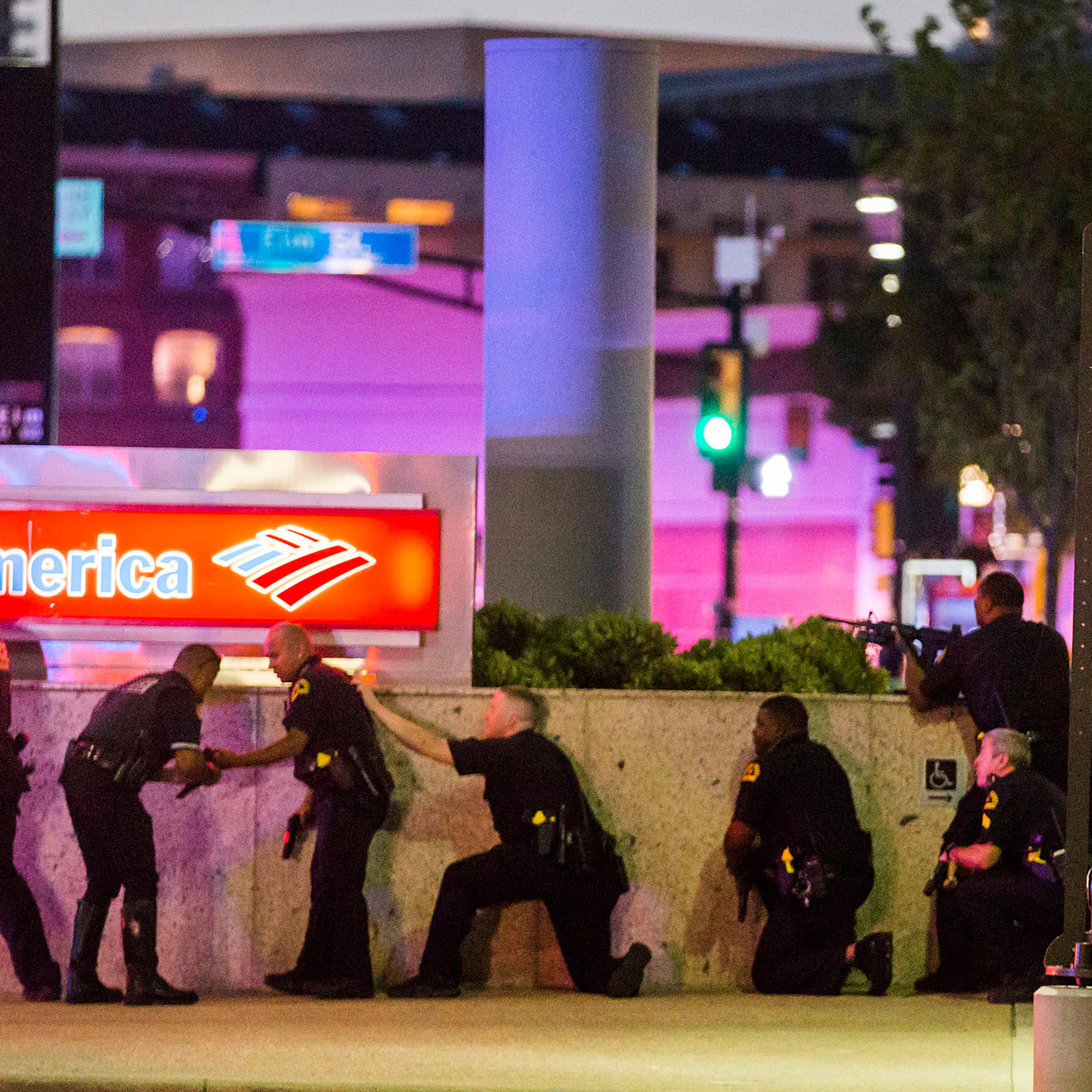 Dallas Police respond after shots were fired at a Black Lives Matter rally in downtown Dallas on July 7, 2016.