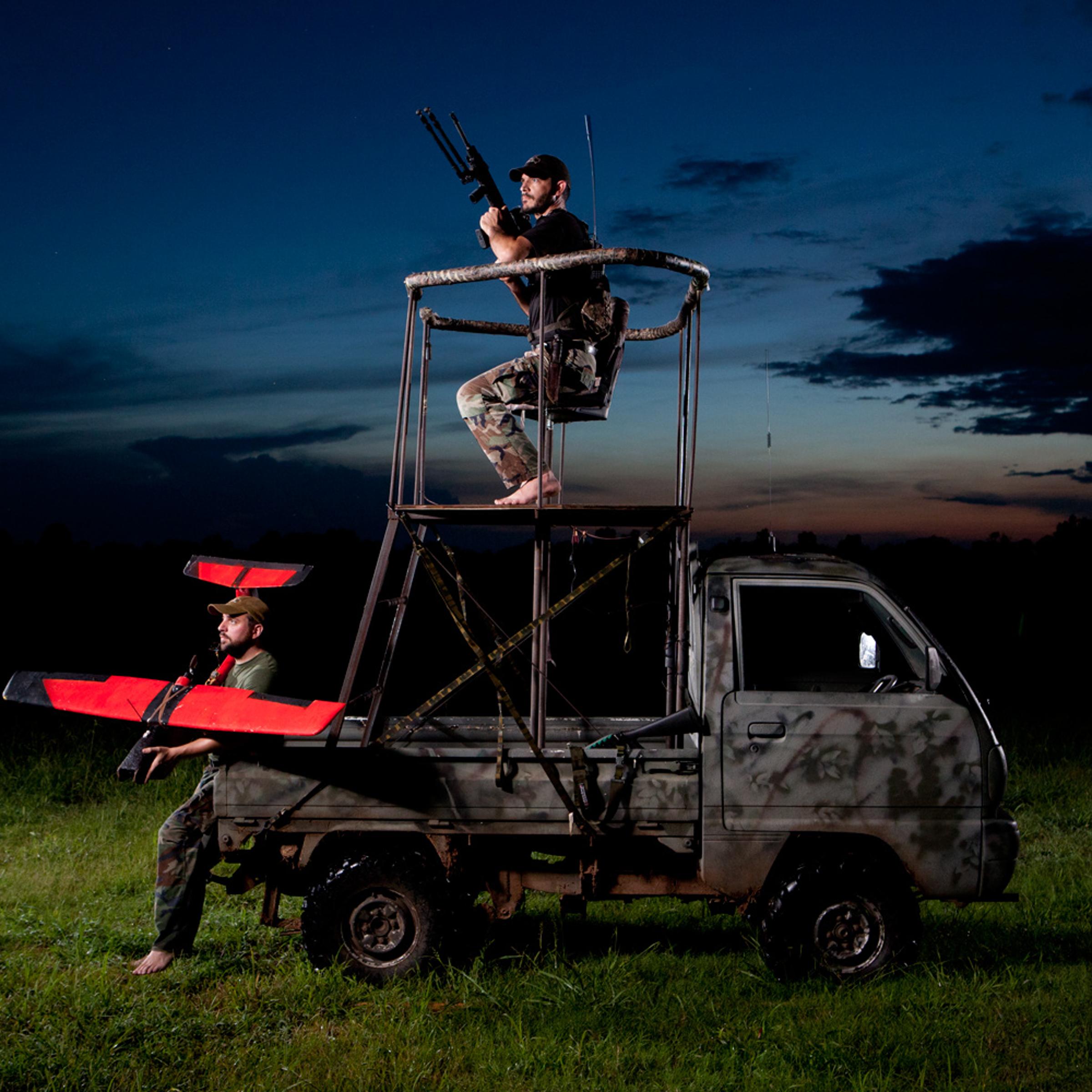 Cy Brown (top) and his hunting partner James Palmer use a homemade drone to hunt wild boar in a rice field. The drone’s name? The “Dehogaflier.”