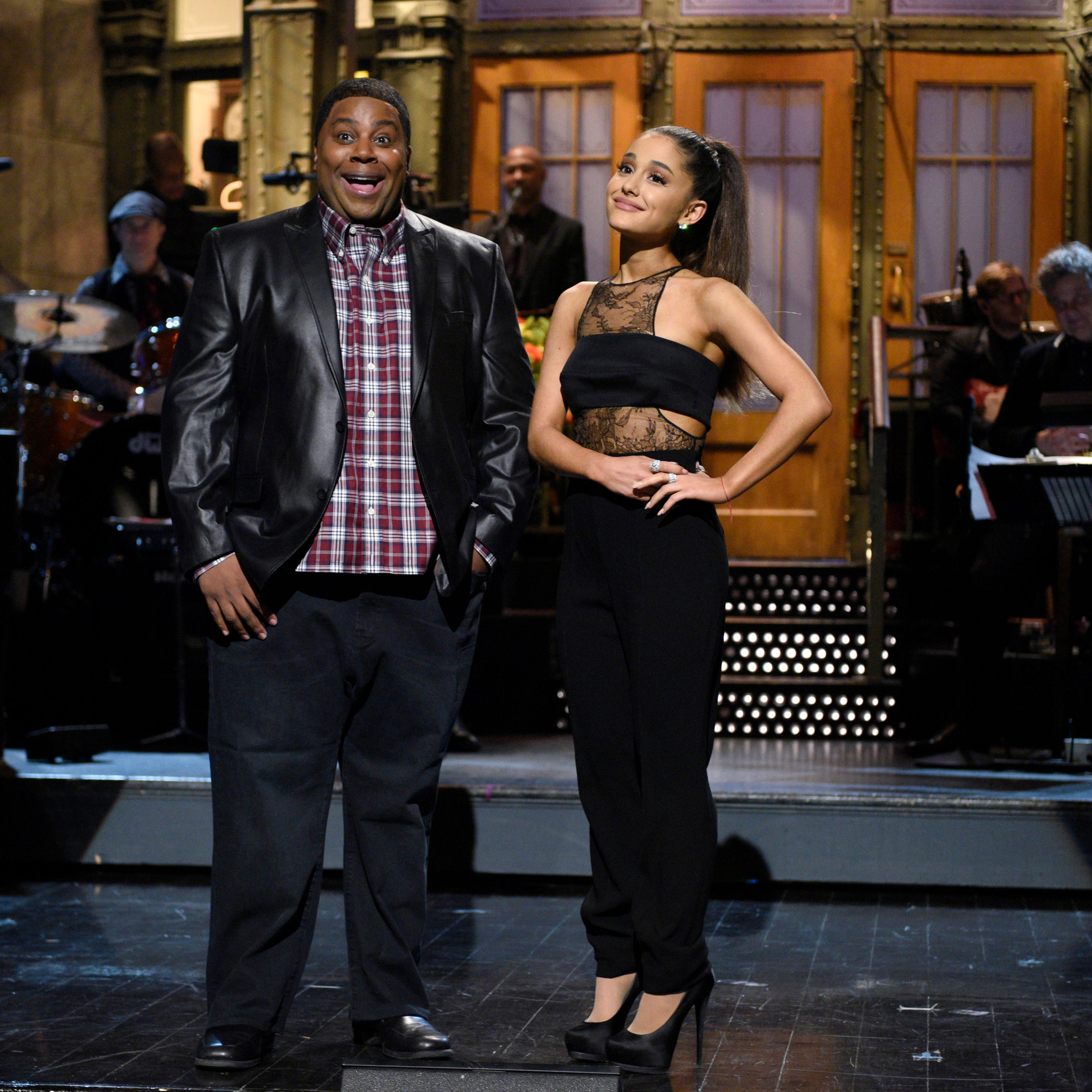 Kenan Thompson and host Ariana Grande during the Saturday Night Live monologue on March 12, 2016.