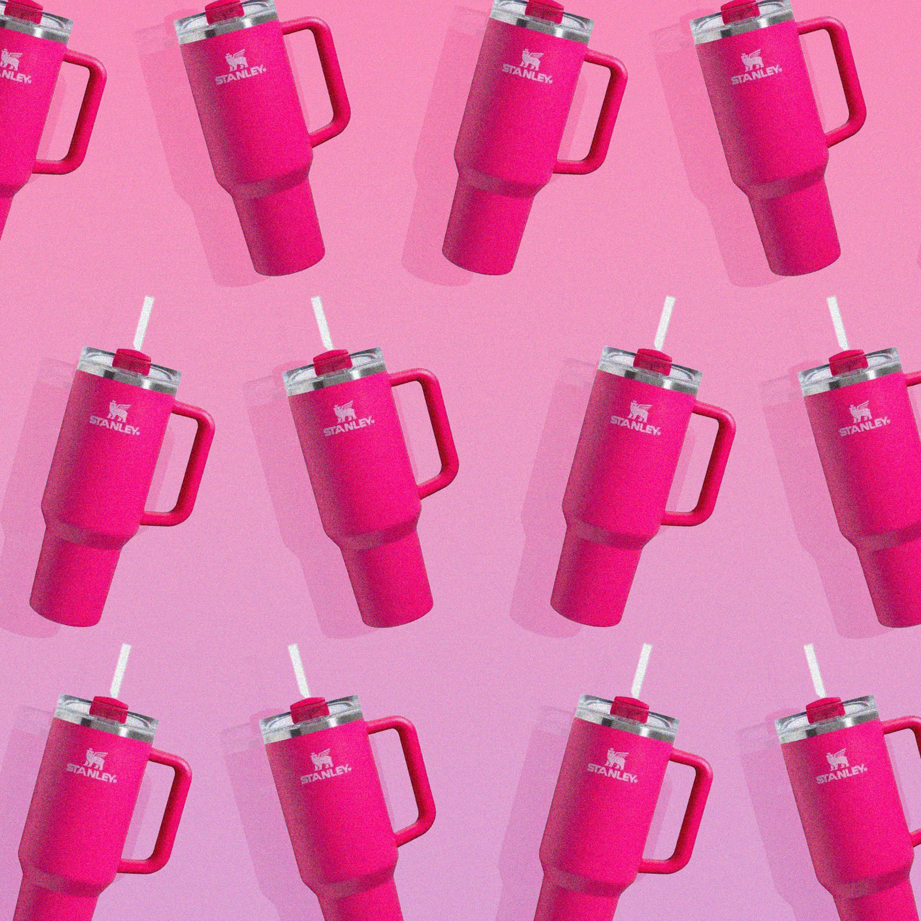 A collage of multiple Stanley 40 oz Stainless Steel H2.0 Flowstate Quencher Tumblers in Cosmo Pink