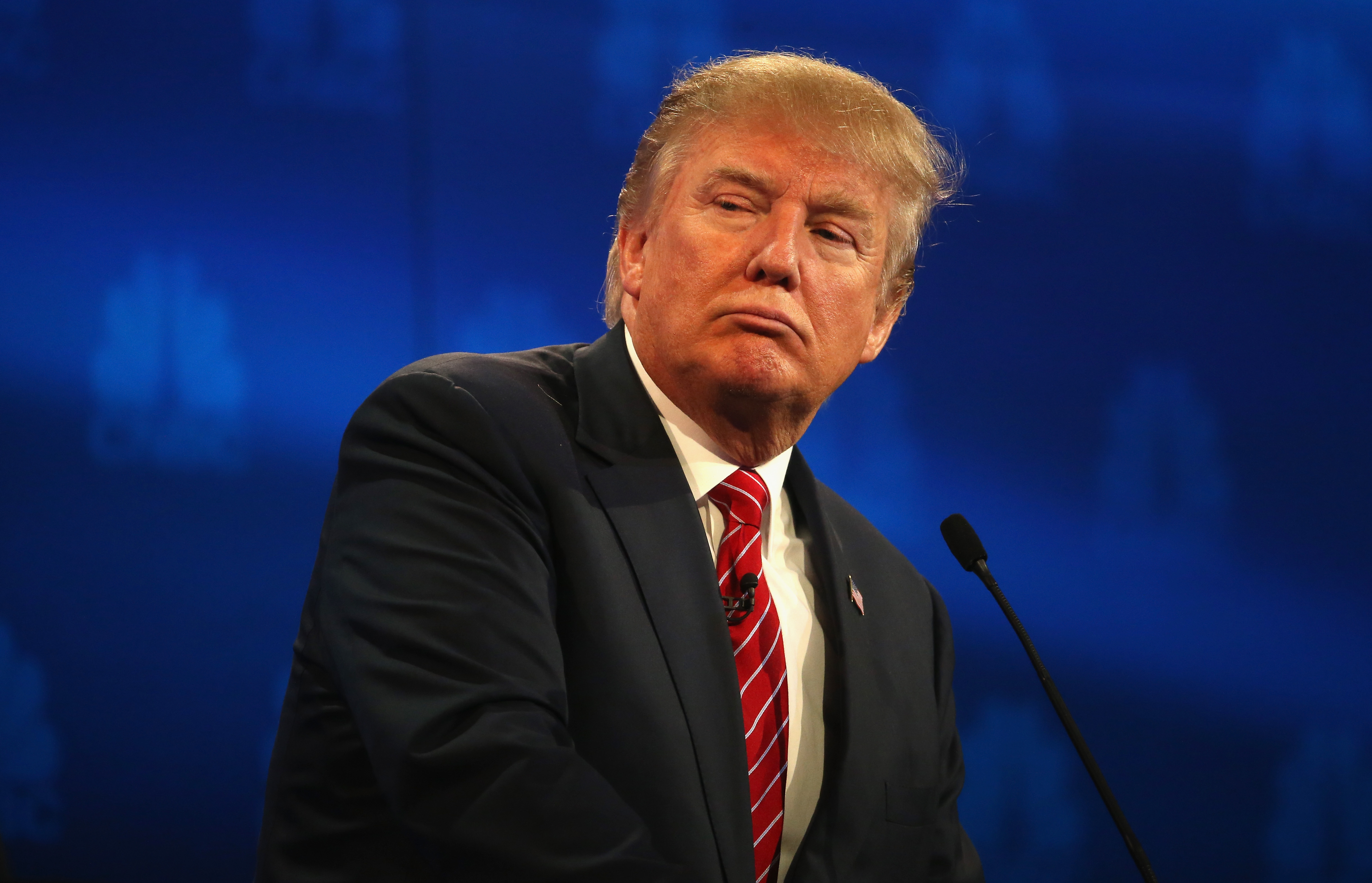 Presidential candidates Donald Trump pauses during the CNBC Republican Presidential Debate at University of Colorados Coors Events Center Oct. 28, 2015 in Boulder, Colorado.