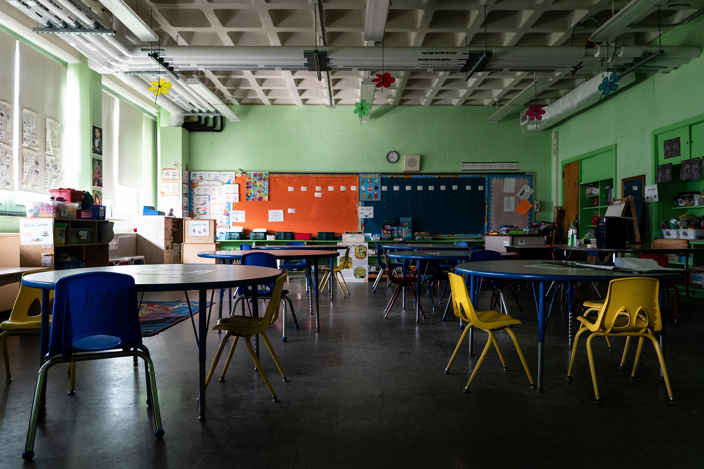 An empty classroom at Sinclair Lane Elementary School in Baltimore