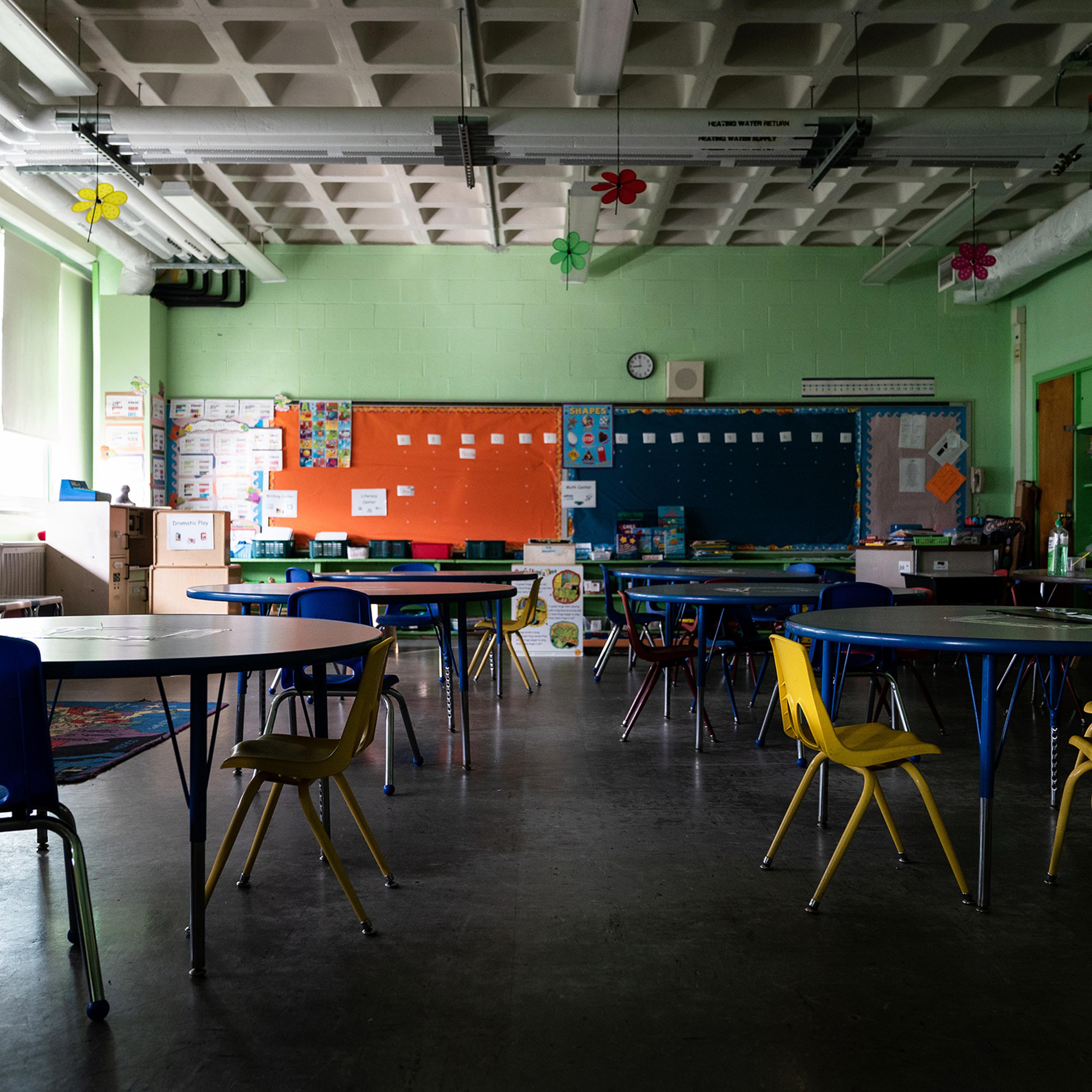 An empty classroom at Sinclair Lane Elementary School in Baltimore