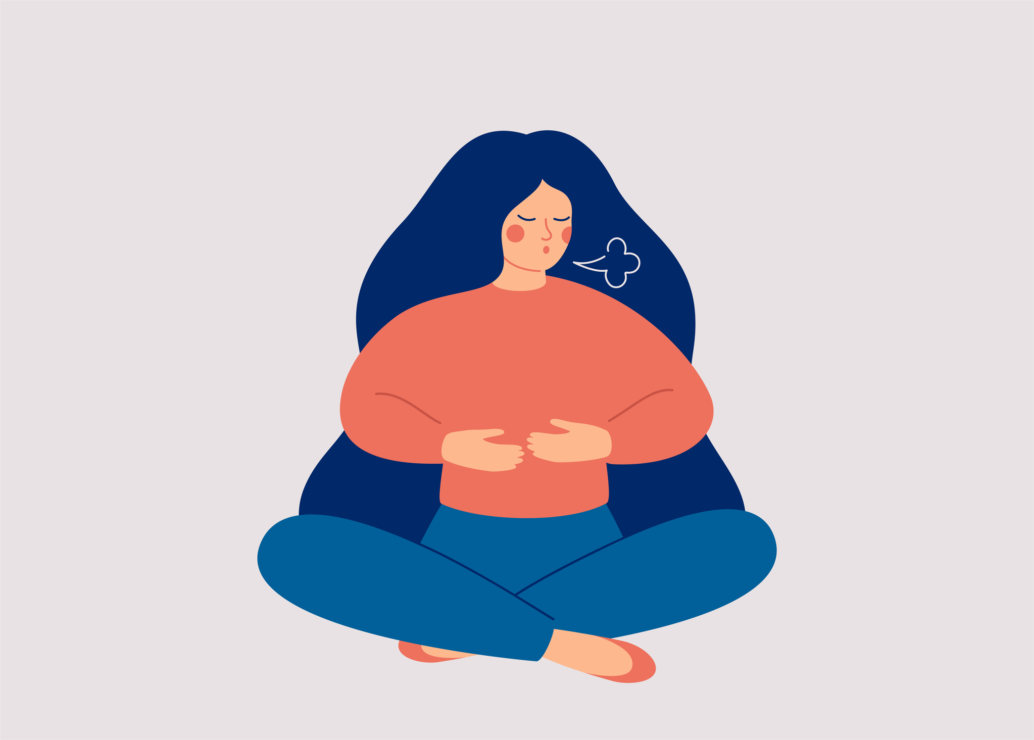 Woman makes Breathing exercise. Girl sits on the floor in pose lotus and makes a exhale. Recovery Respiratory system after illness.
