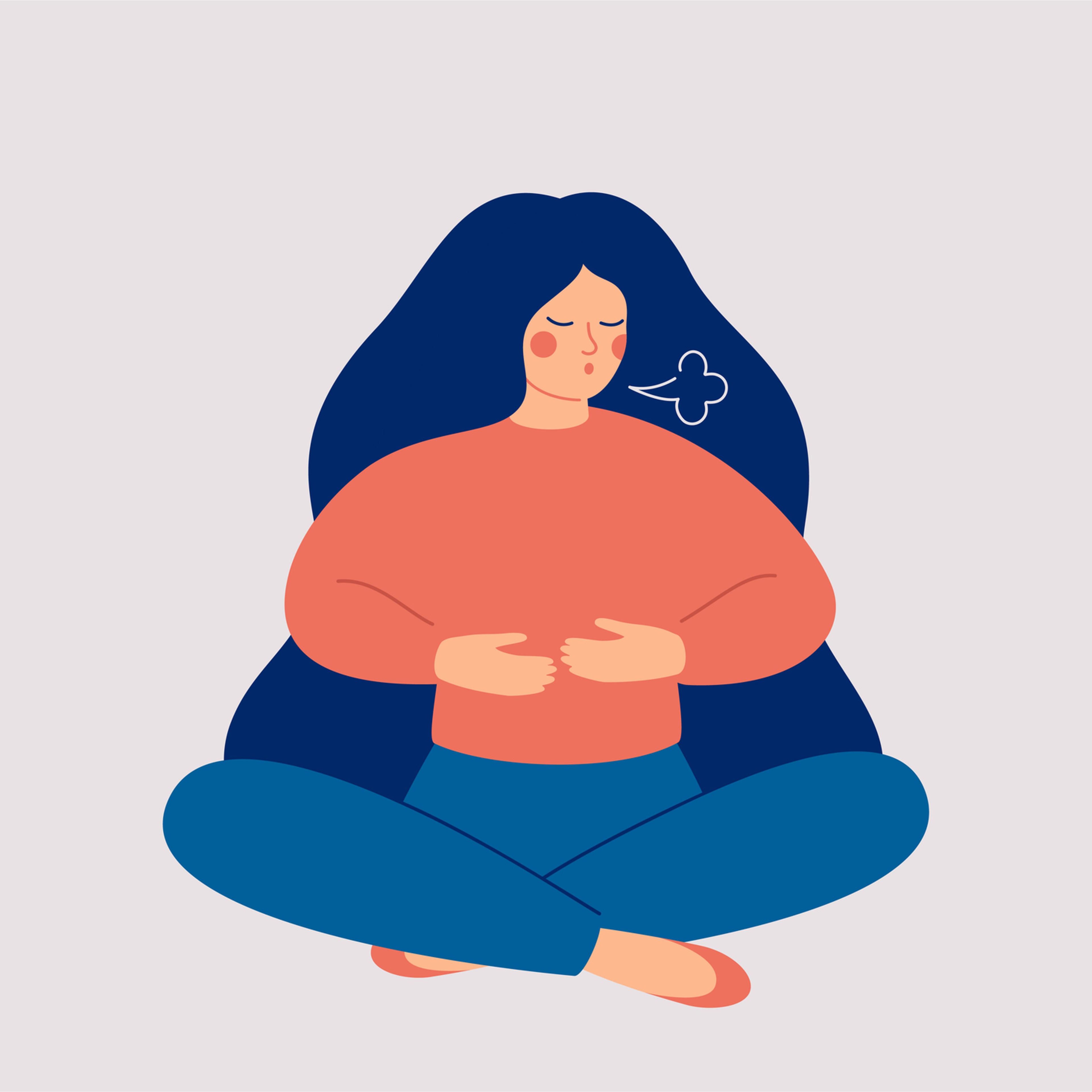Woman makes Breathing exercise. Girl sits on the floor in pose lotus and makes a exhale. Recovery Respiratory system after illness.