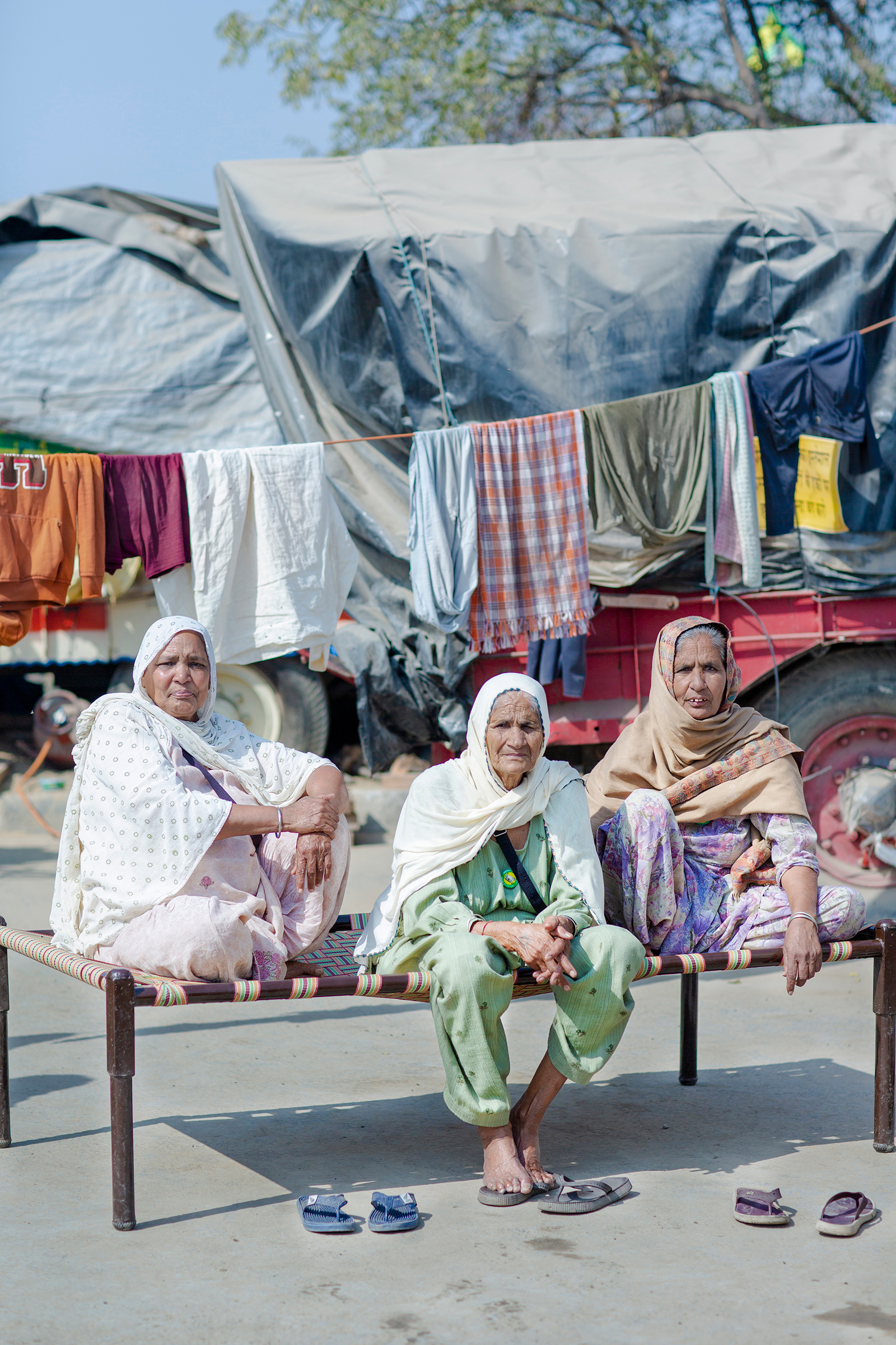 The protests have drawn women of all ages. While some speak onstage, others are simply determined to be present. “I am an illiterate woman,” says Gurmer Kaur, center, at the protests with her friends Surjit Kaur, left, and Jaswant Kaur, right, all in their mid-70s. “I cannot talk well, but I can sit tight—and I will sit here till the next elections if these laws are not called off.” 