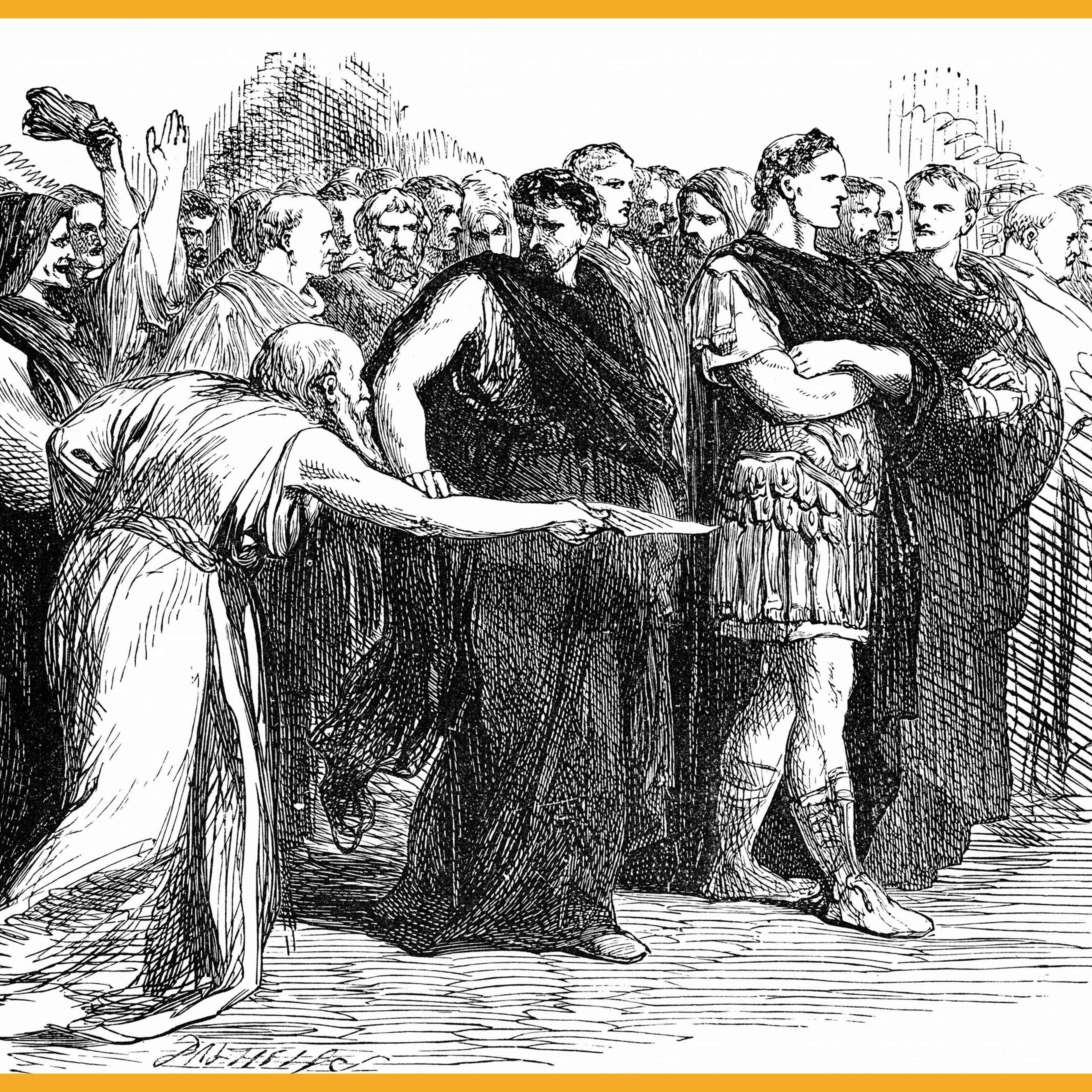 Beware the Ides of March: Soothsayer warning Julius Caesar of the Ides of March - the day on which he was assassinated. Illustration for Julius Caesar from an edition of William Shakespeare's works published 1858. Wood engraving