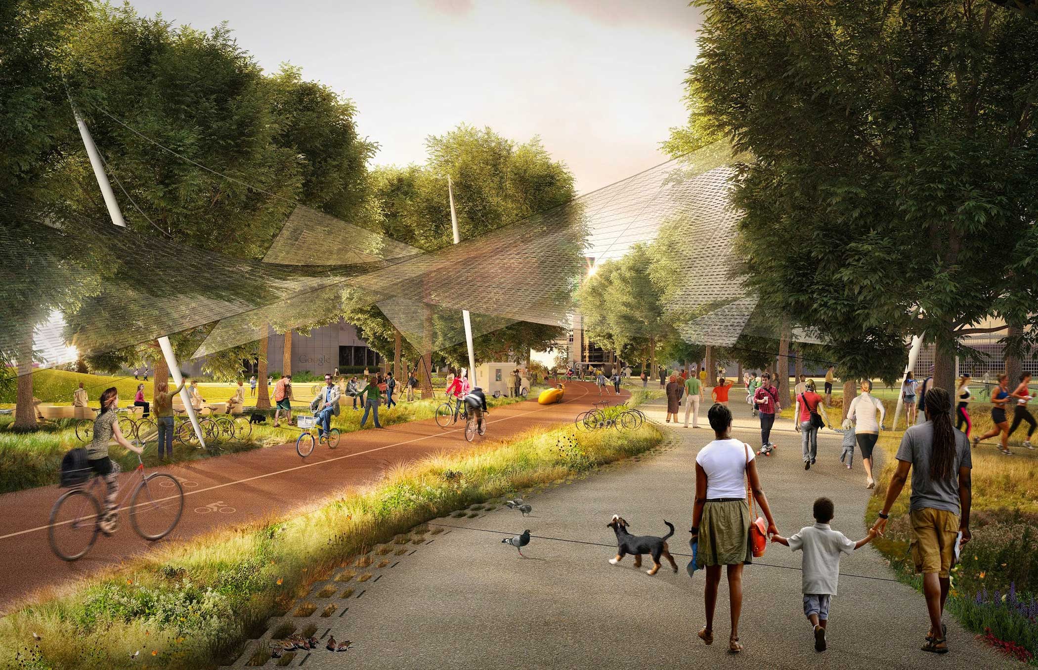 Mountain View’s Precise Plan encourages the creation of a diverse network of public and private open spaces such as plazas, parks and trails. This rendering shows the Green Loop, a circuit for bikes and pedestrians that weaves through urban and natural a