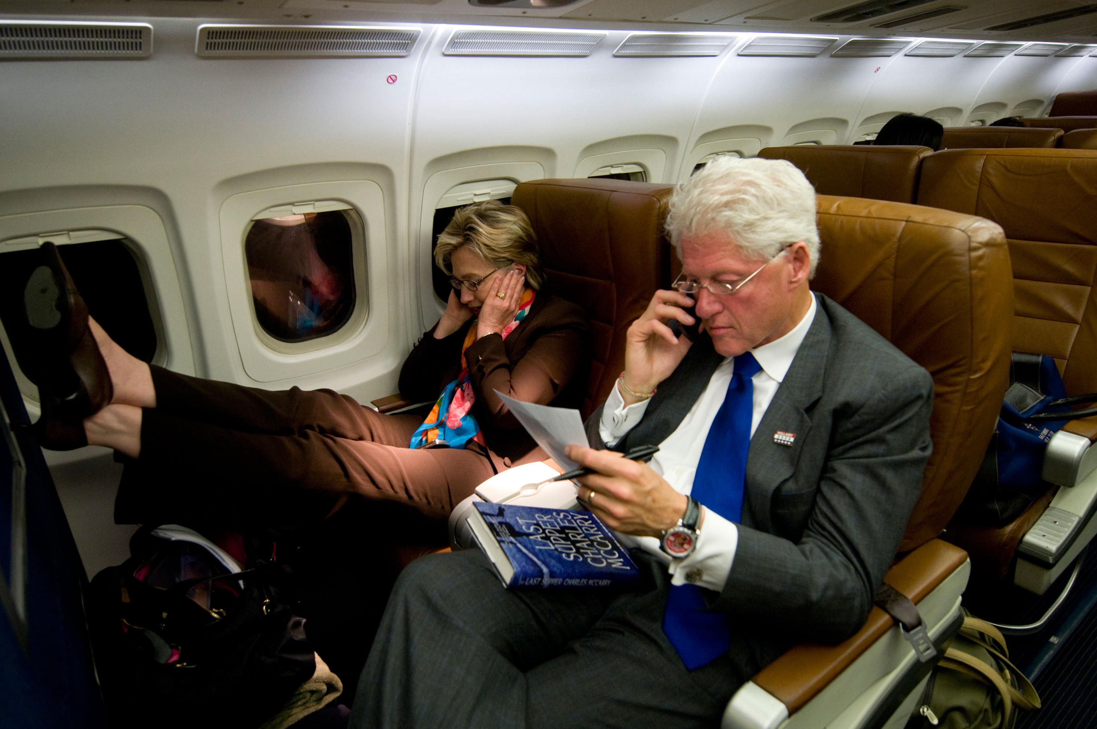 President Clinton and Hillary Clinton on the campaign plane, heading back to Washington after one of her last campaign stops.