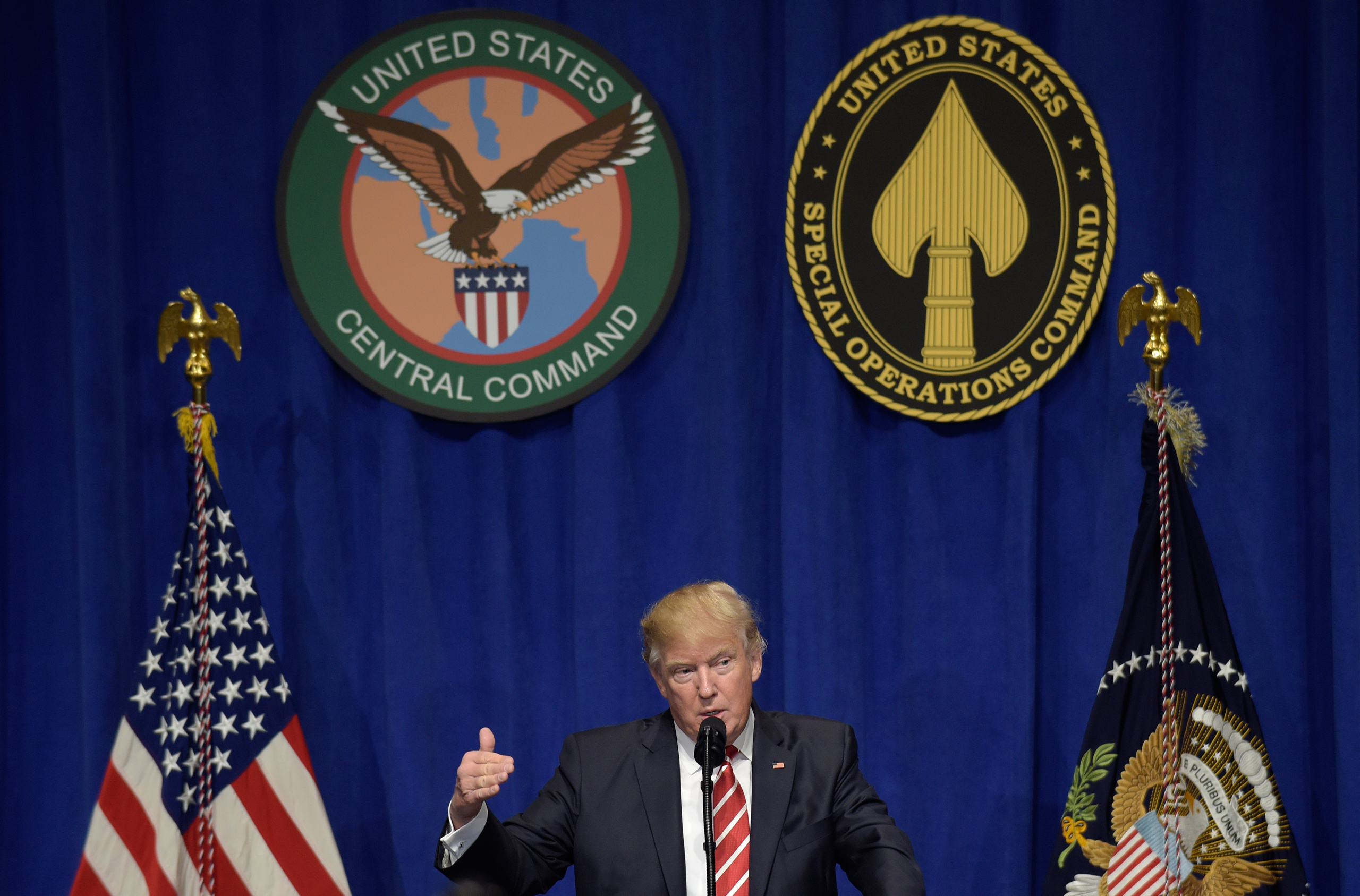 President Donald Trump speaks to troops while visiting U.S. Central Command and U.S. Special Operations Command at MacDill Air Force Base in Tampa, Fla.,Monday, Feb. 6, 2017. (AP Photo/Susan Walsh)