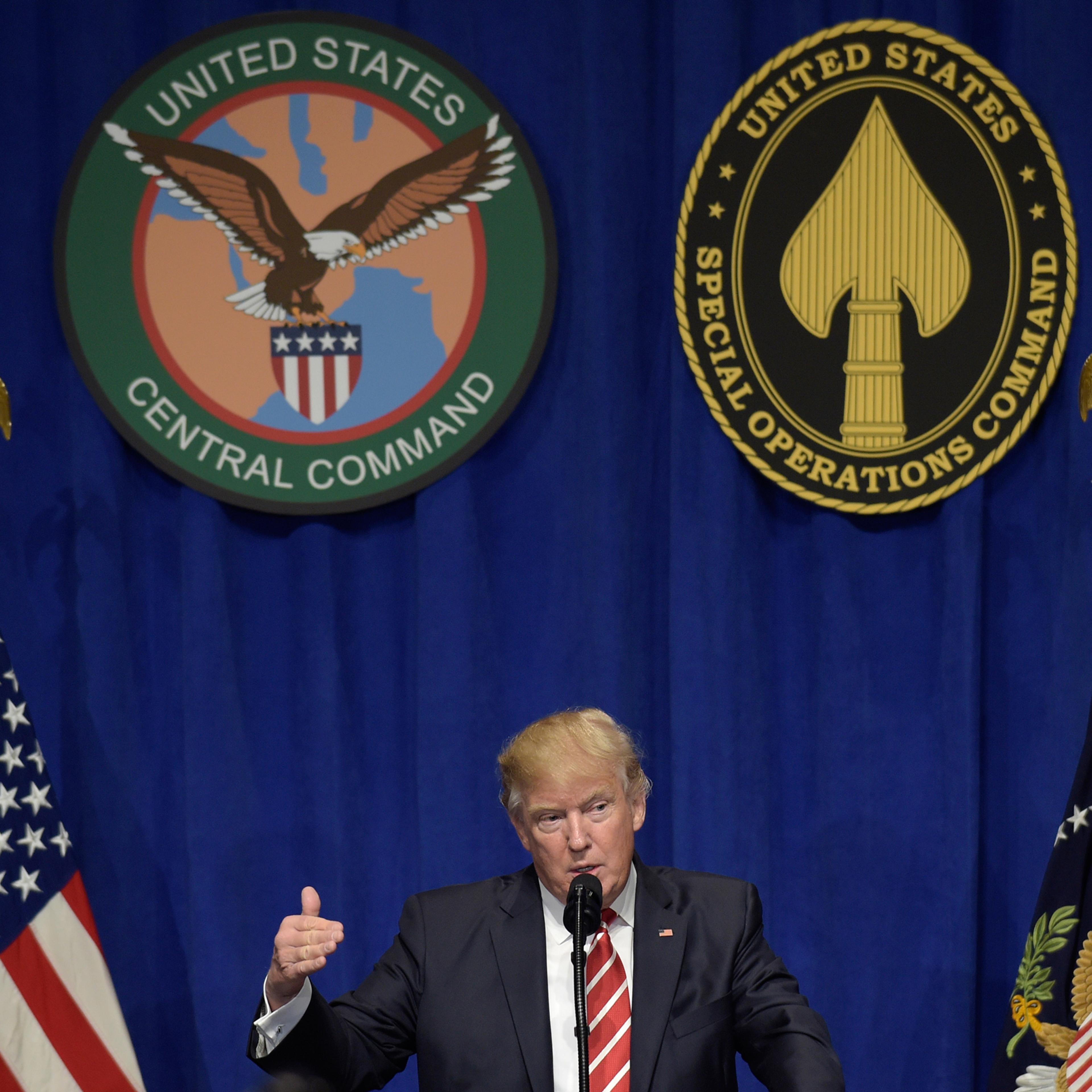 President Donald Trump speaks to troops while visiting U.S. Central Command and U.S. Special Operations Command at MacDill Air Force Base in Tampa, Fla.,Monday, Feb. 6, 2017. (AP Photo/Susan Walsh)