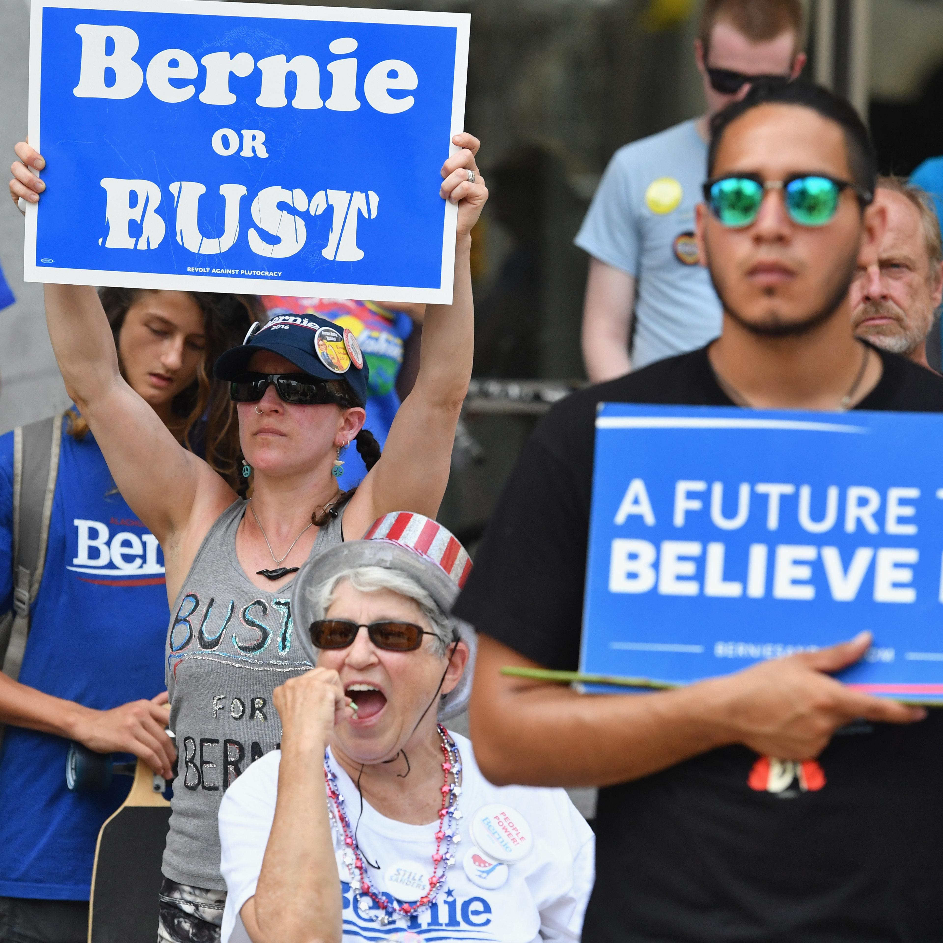Bernie Sanders supporters gather at City Hall on the second day of the Democratic National Convention on July 26, 2016 in Philadelphia.