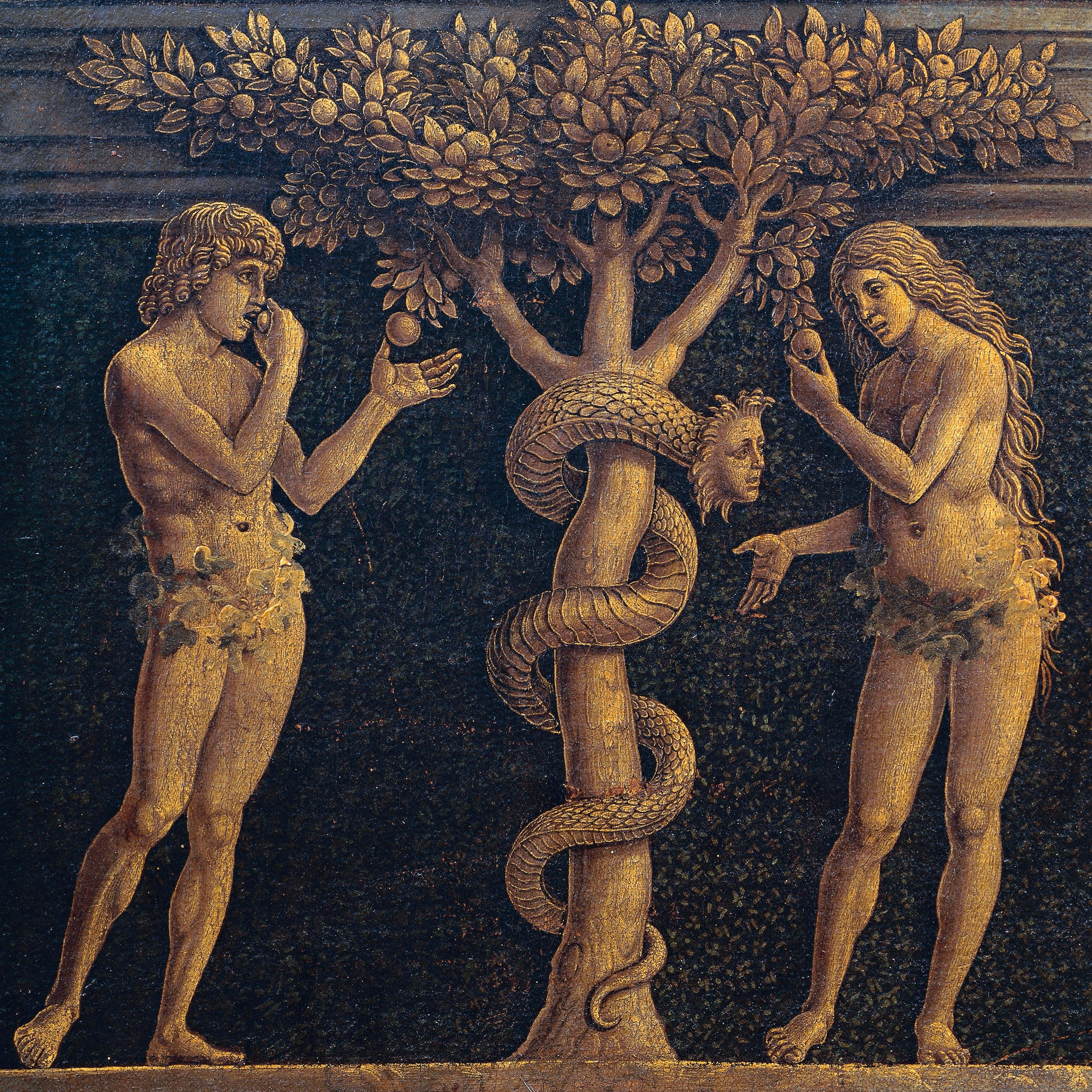 Adam and Eve committing original sin, detail from Virgin of Victory, 1496, by Andrea Mantegna (1431-1506), tempera on canvas, 280x166 cm