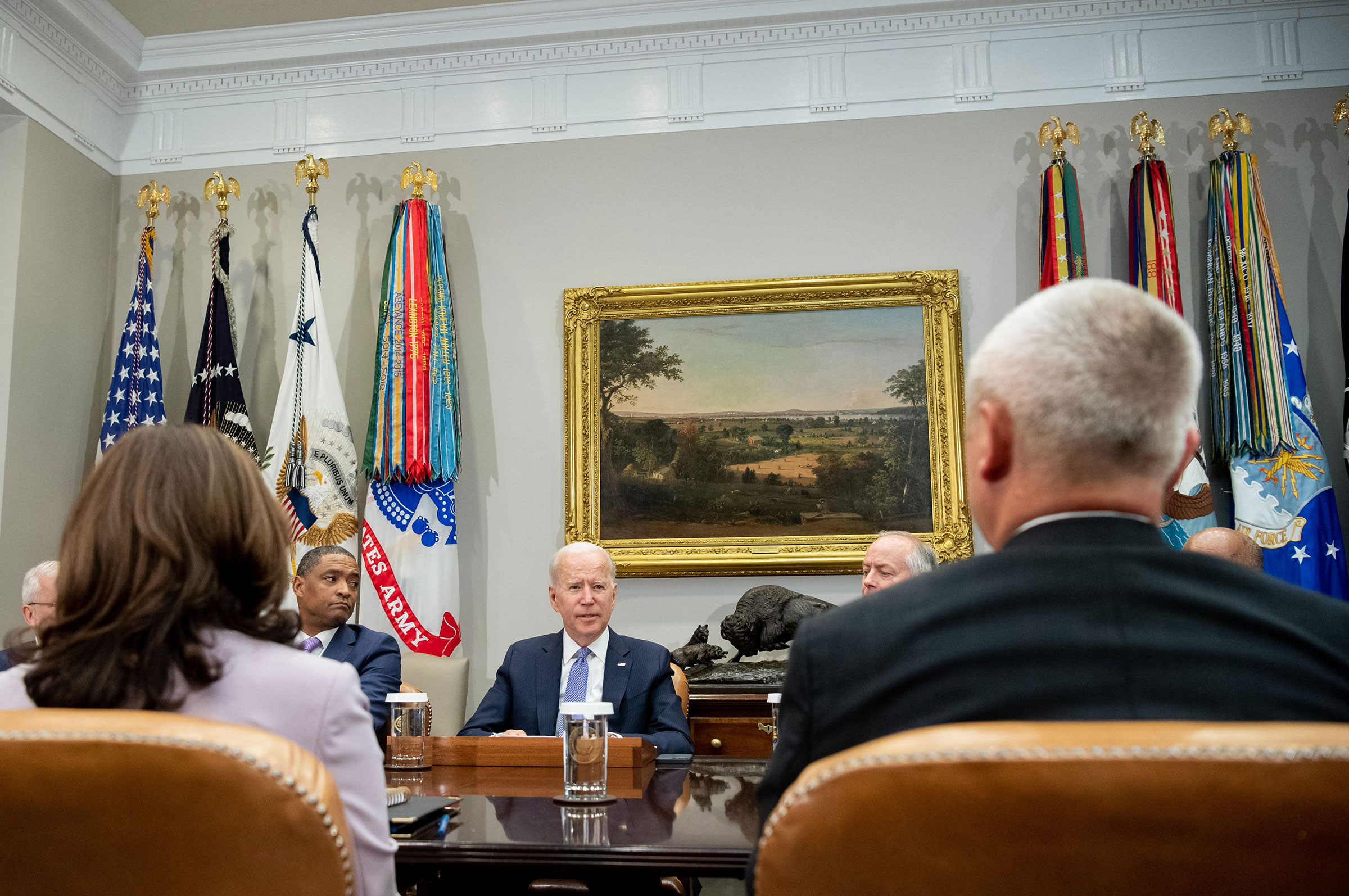 President Joe Biden speaks during a meeting with union and business leaders about the Bipartisan Infrastructure Framework in the Roosevelt Room of the White House in Washington, on July 22, 2021.