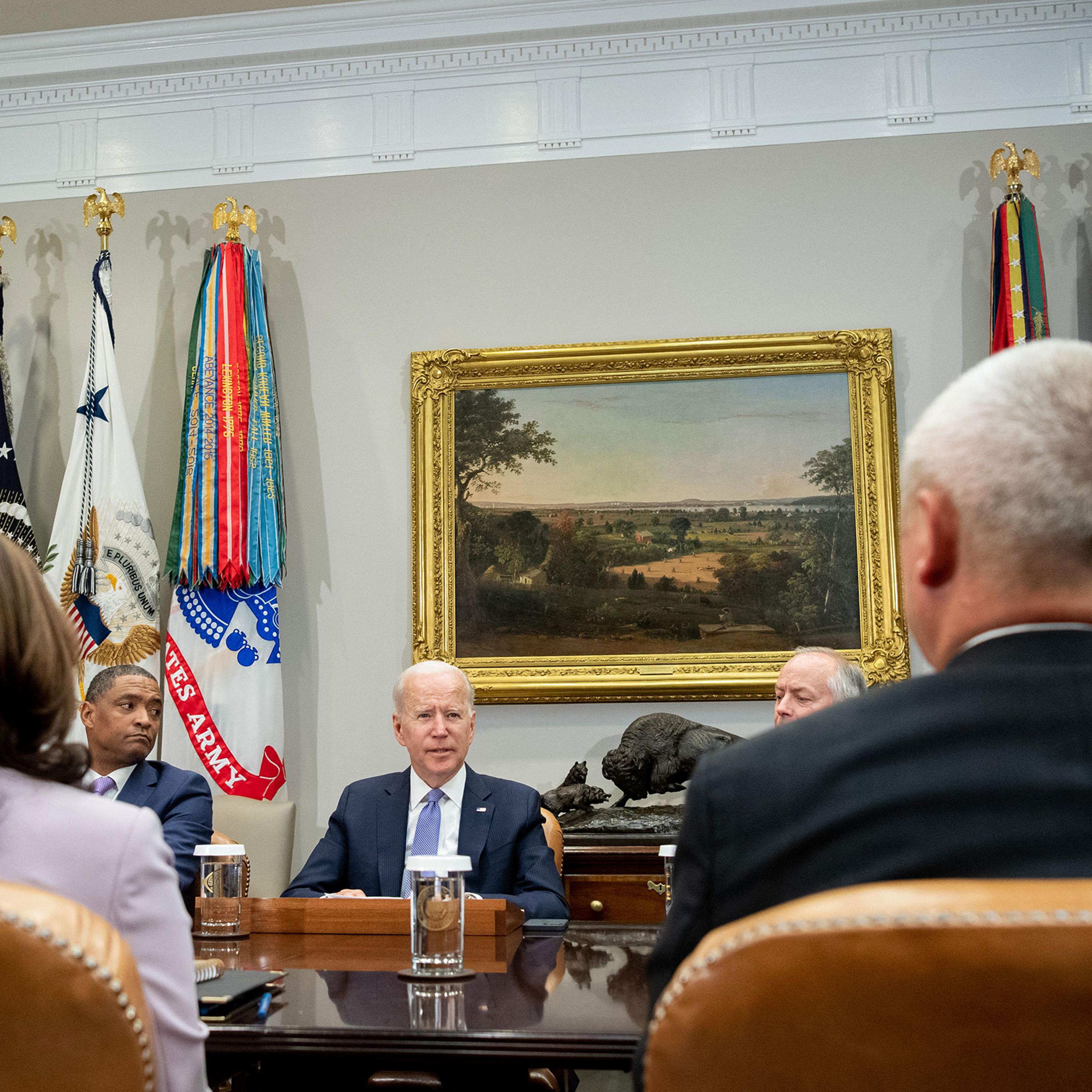 President Joe Biden speaks during a meeting with union and business leaders about the Bipartisan Infrastructure Framework in the Roosevelt Room of the White House in Washington, on July 22, 2021.