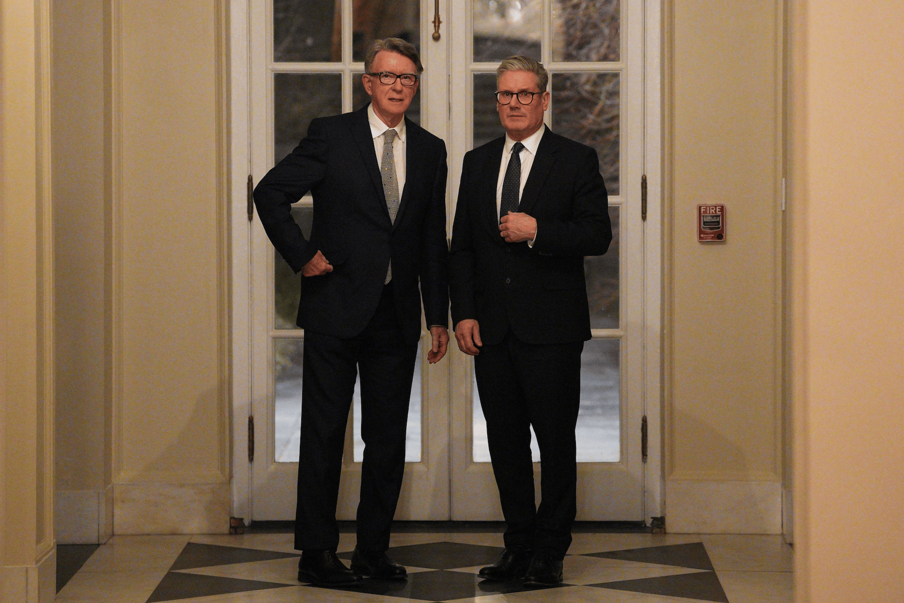 British Prime Minister Keir Starmer talks with Peter Mandelson during a welcome reception at the ambassador's residence on Feb. 26, 2025, in Washington, D.C.
