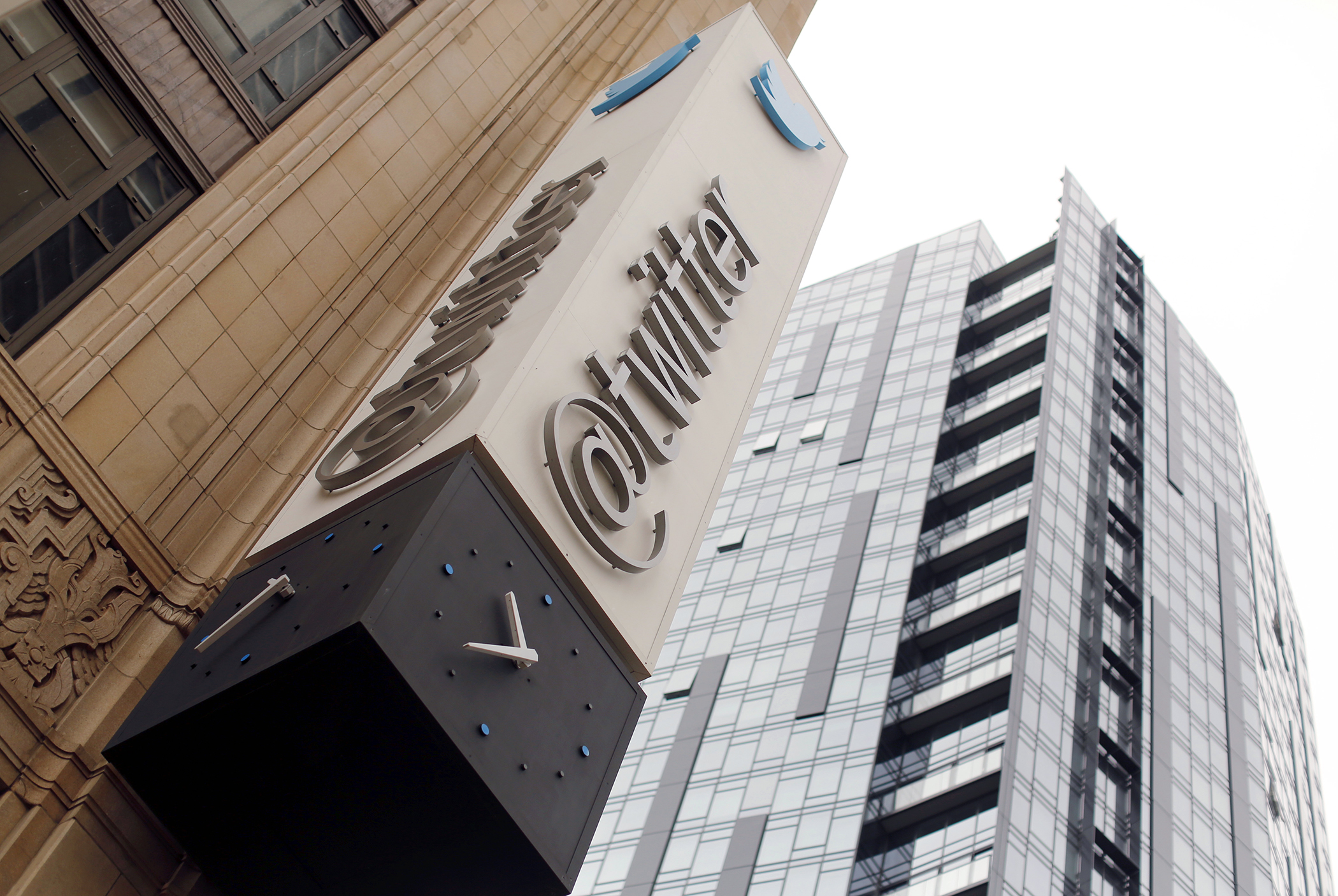 The Twitter logo is shown at its corporate headquarters  in San Francisco