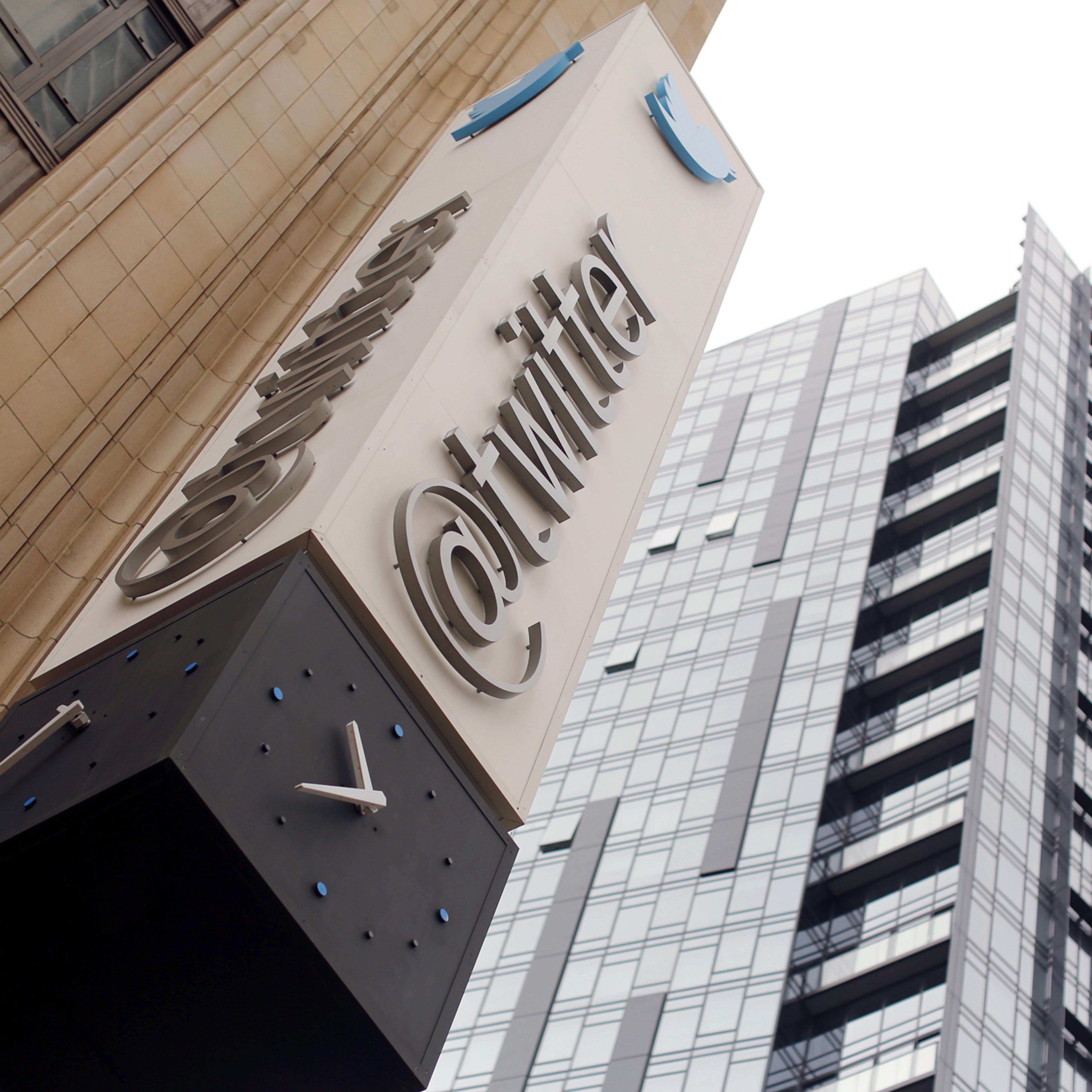 The Twitter logo is shown at its corporate headquarters in San Francisco