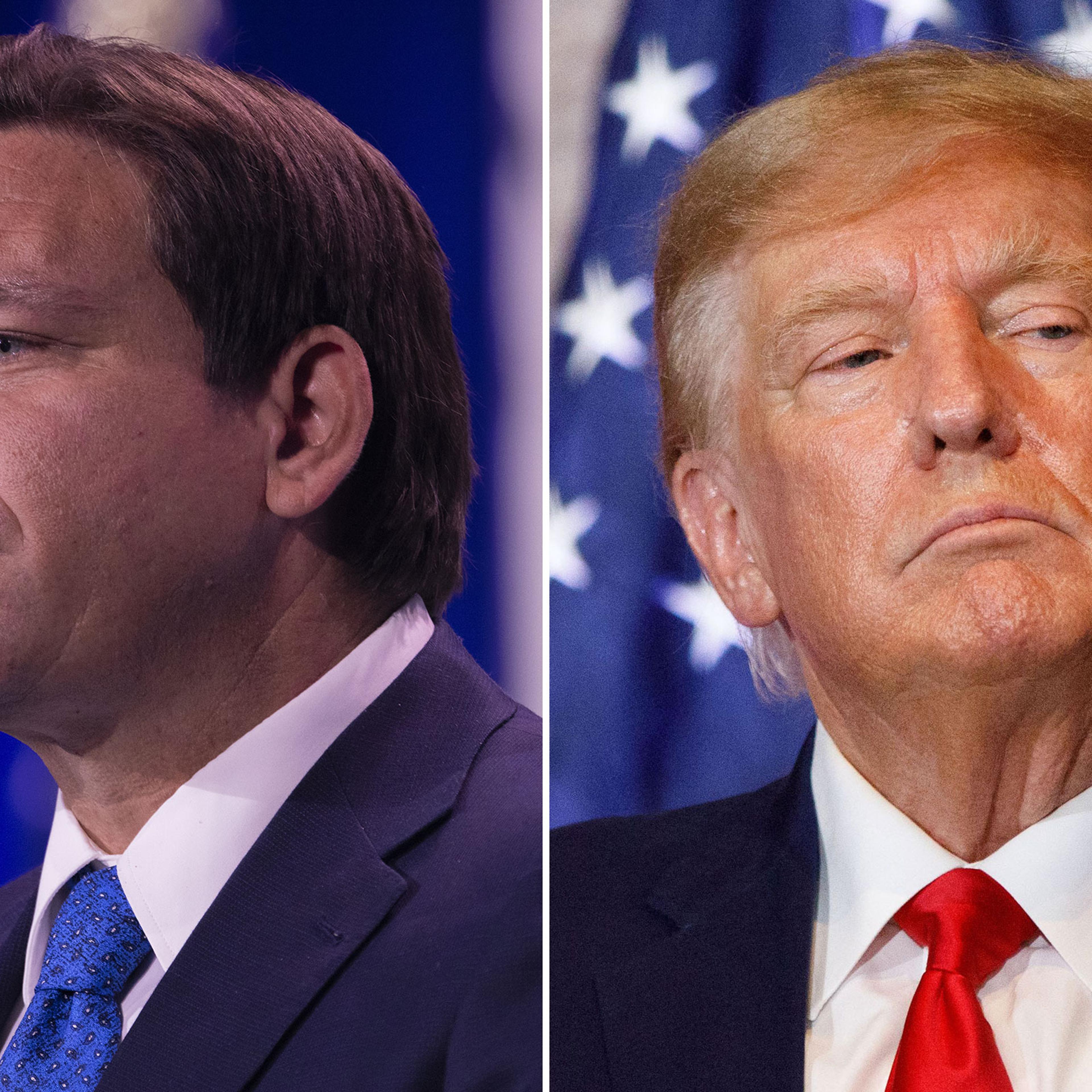 Ron DeSantis speaks to the Republican Jewish Coalition annual meeting at the Venetian in Las Vegas, on Nov. 19, 2022; Donald Trump at a 2024 election campaign event in Columbia, S.C., on Jan. 28, 2023.