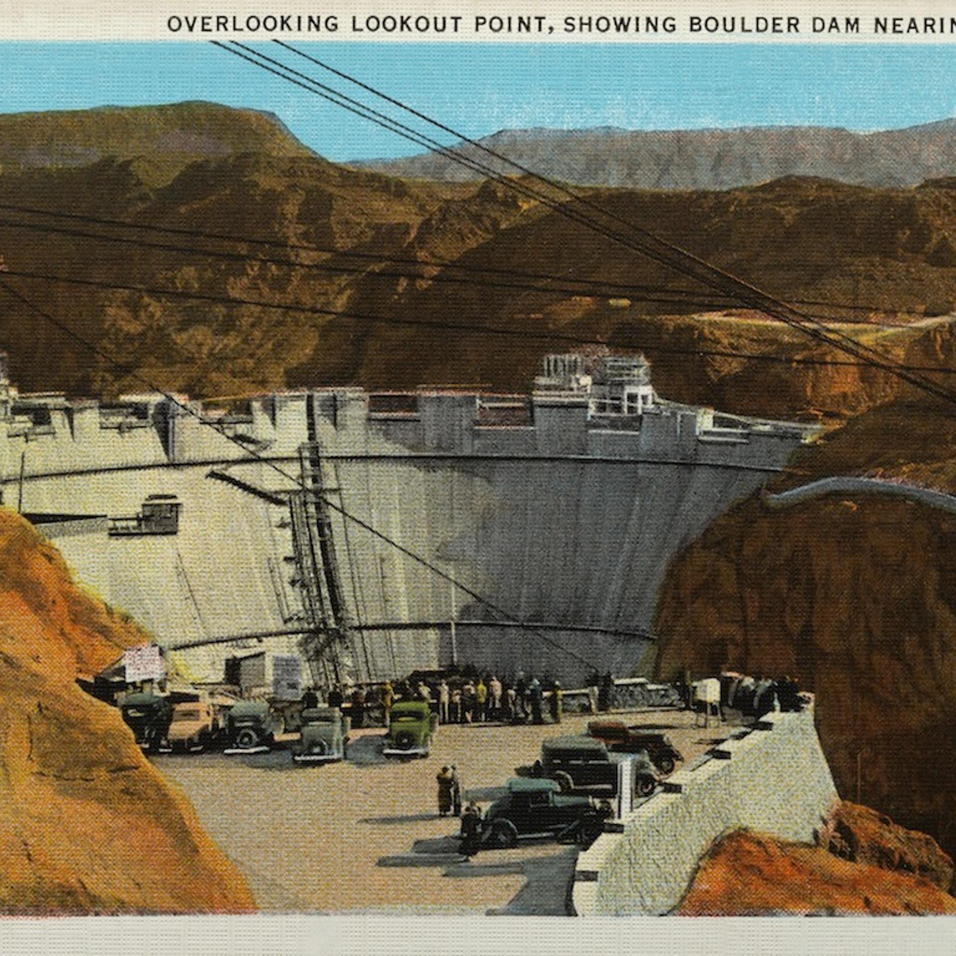 Boulder Dam Nearing Completion. ca. 1935, Border of Nevada and Arizona, USA, OVERLOOKING LOOKOUT POINT, SHOWING BOULDER DAM NEARING COMPLETION