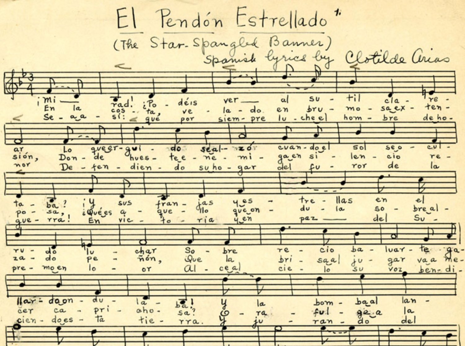 Sheet music for Clotilde Arias's translation of the "Star-Spangled Banner." 