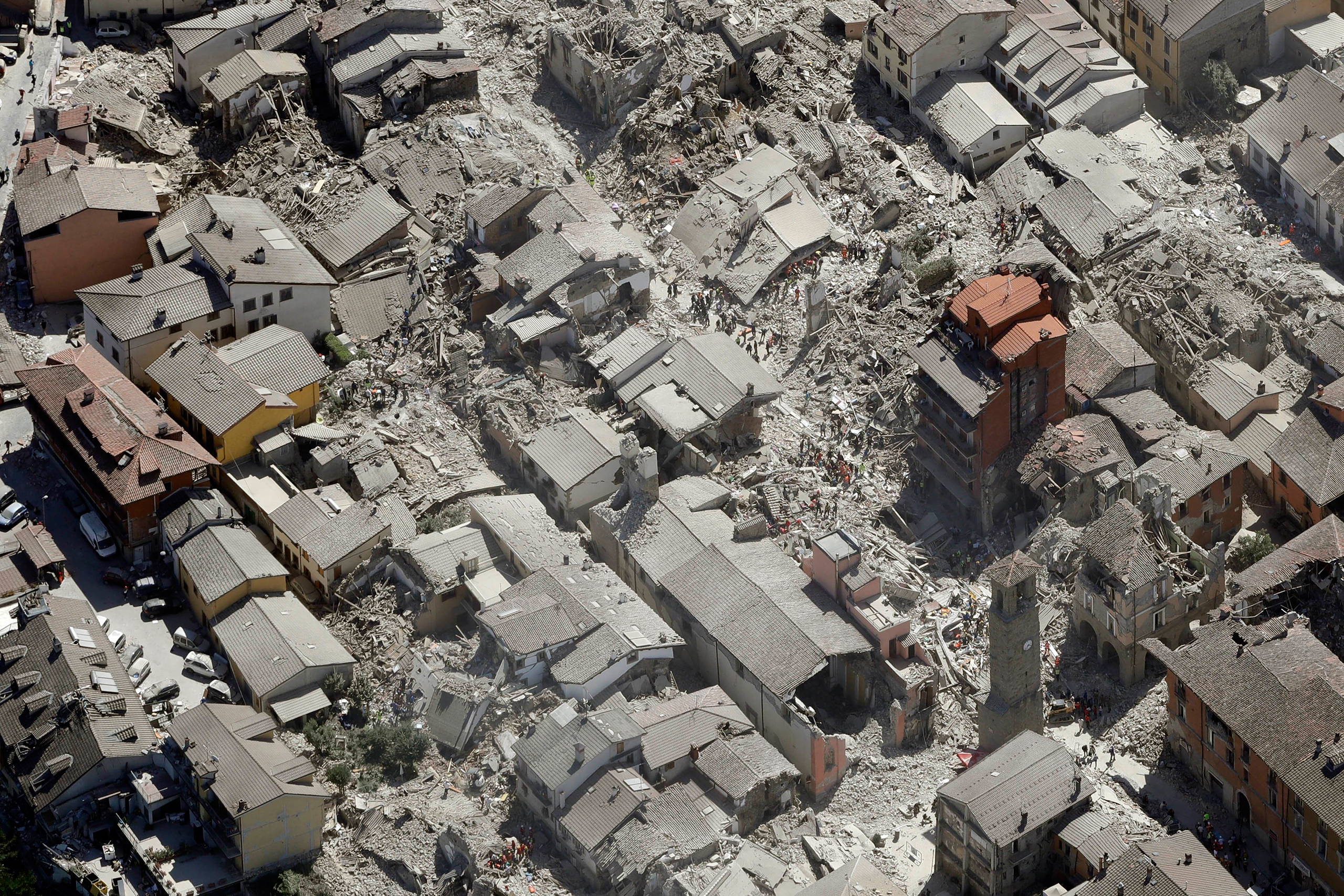 An overhead view of Amatrice after a powerful earthquake in central Italy on Aug. 24, 2016.