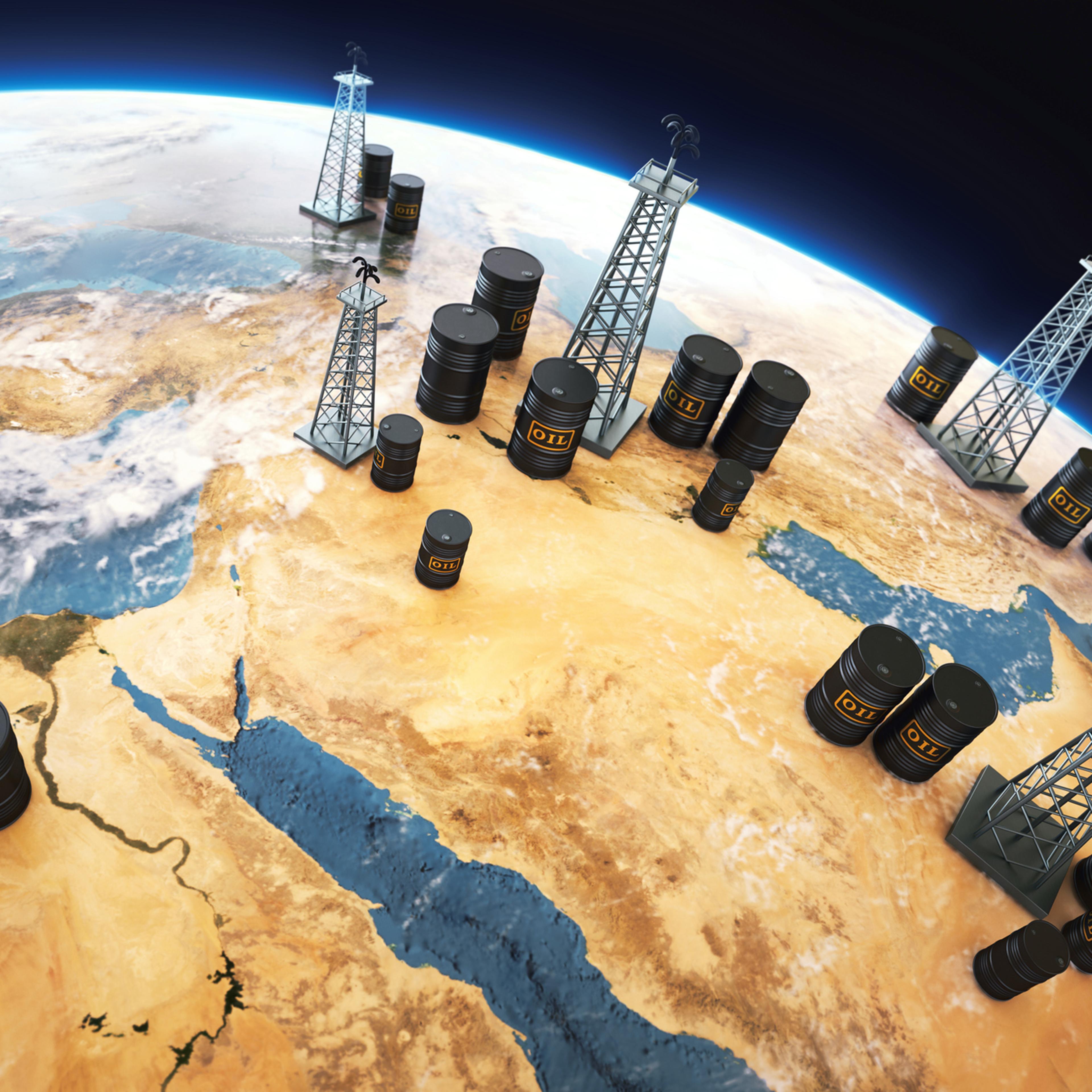 World globe Middle east, with oil barrels and drilling towers
