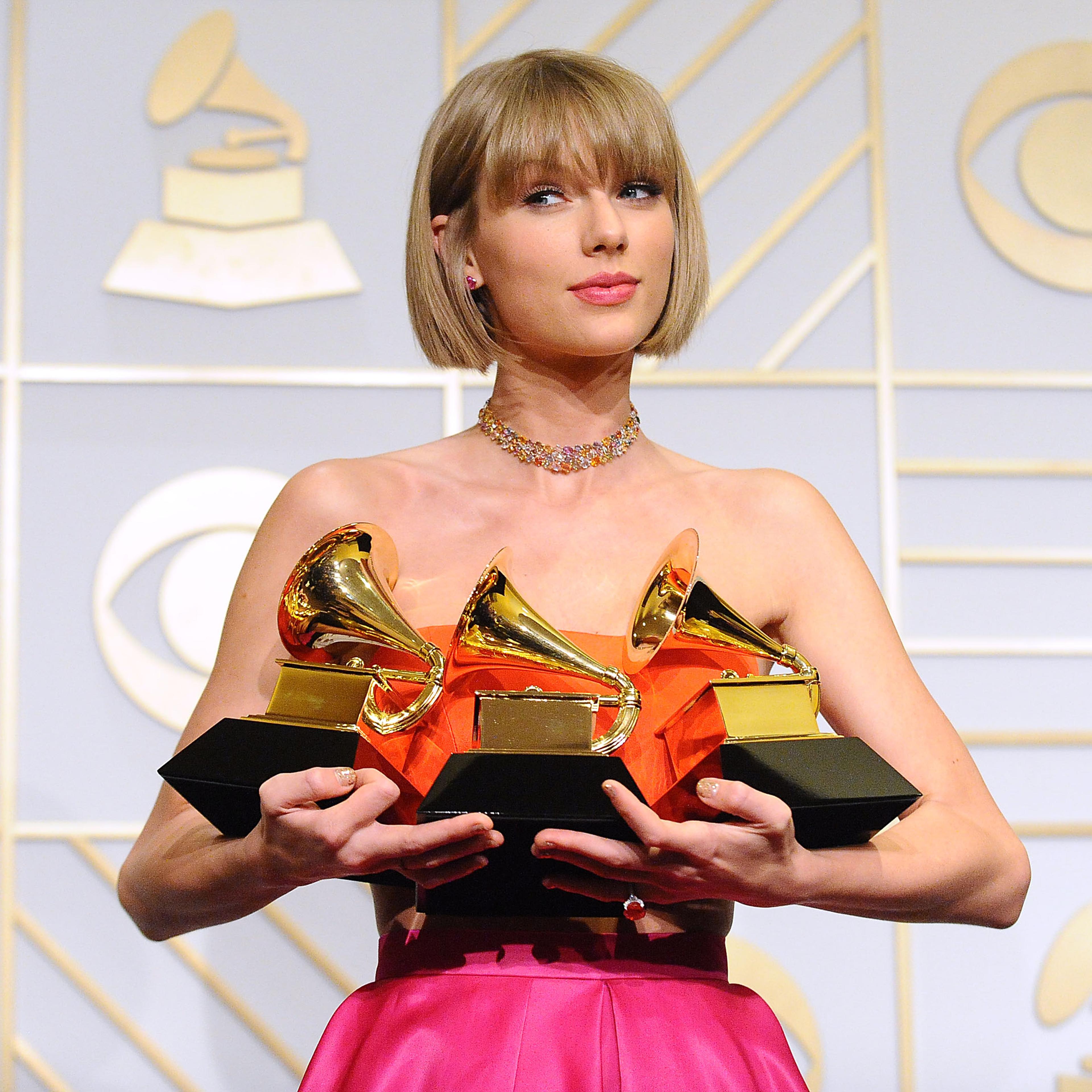 Taylor Swift poses in the press room at the The 58th Grammy Awards on Feb. 15 in Los Angeles.