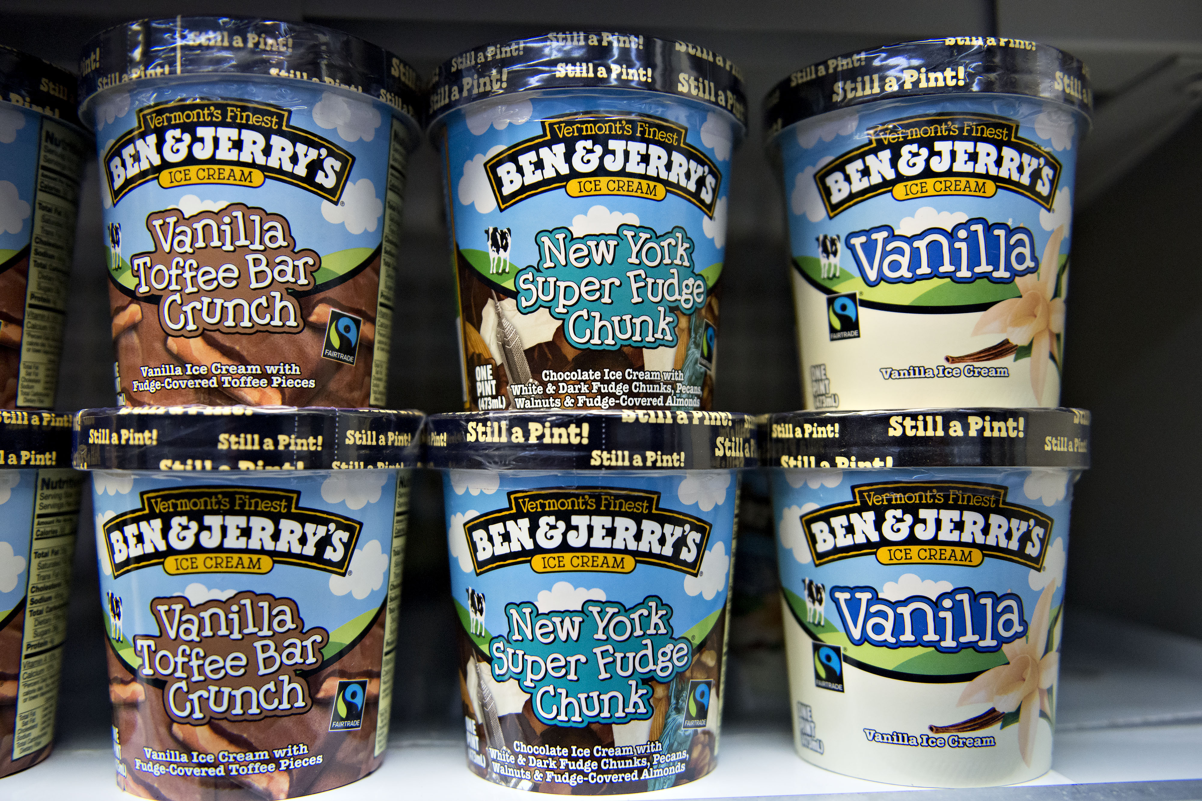 Ben & Jerry's brand ice cream sits in a supermarket freezer in Princeton, Illinois, U.S., on Wednesday, July 2, 2014.