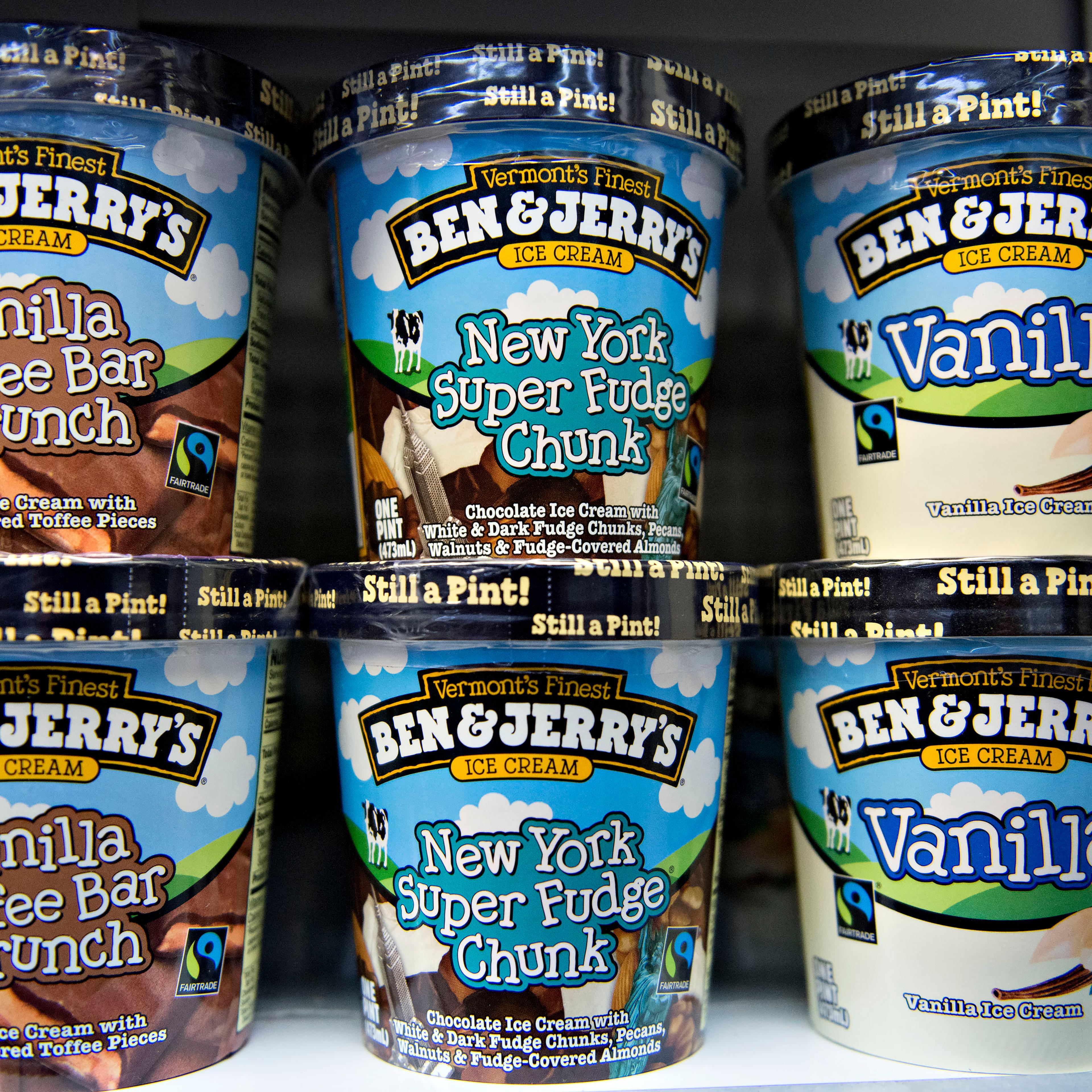 Ben & Jerry's brand ice cream sits in a supermarket freezer in Princeton, Illinois, U.S., on Wednesday, July 2, 2014.