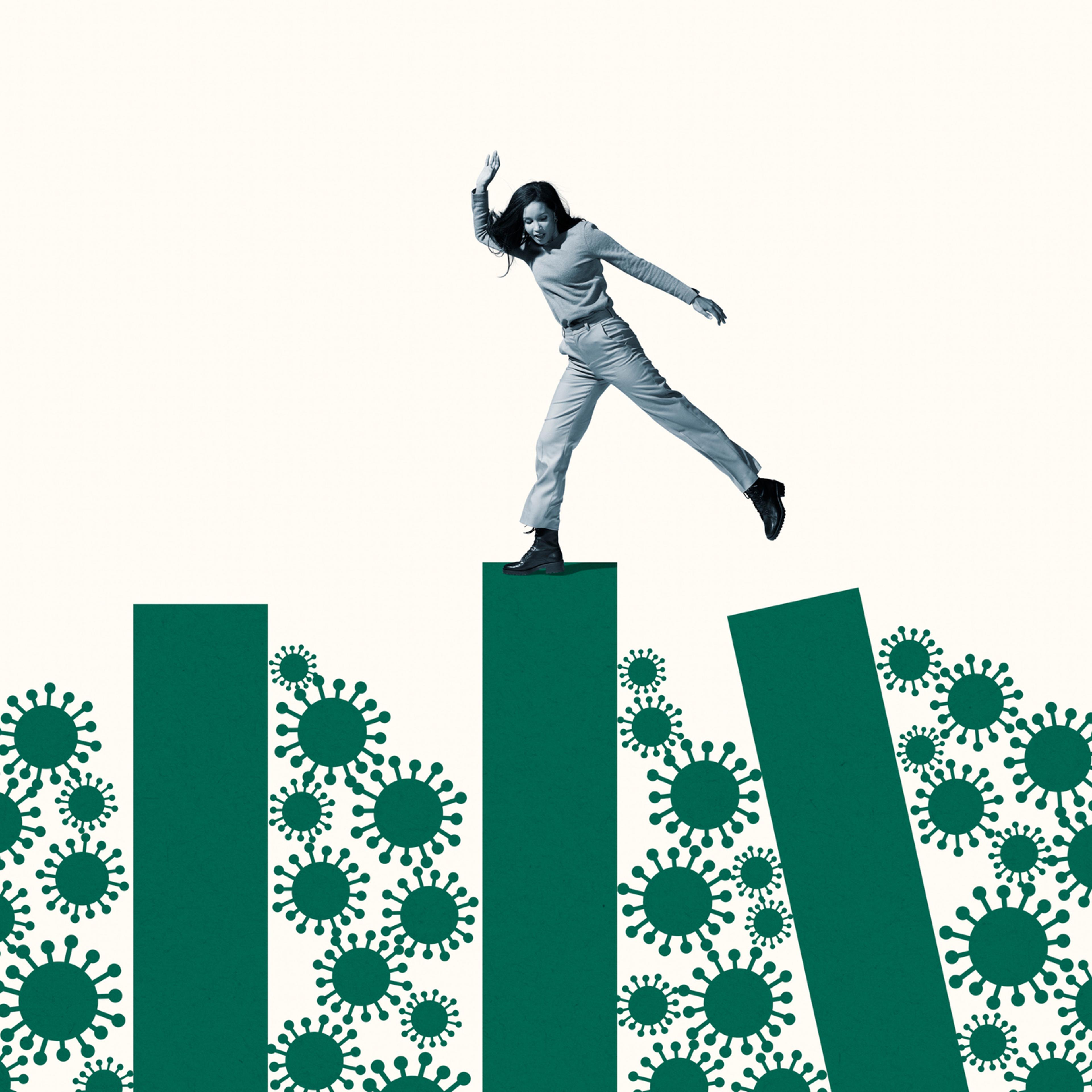 Woman balancing on columns amidst coronavirus