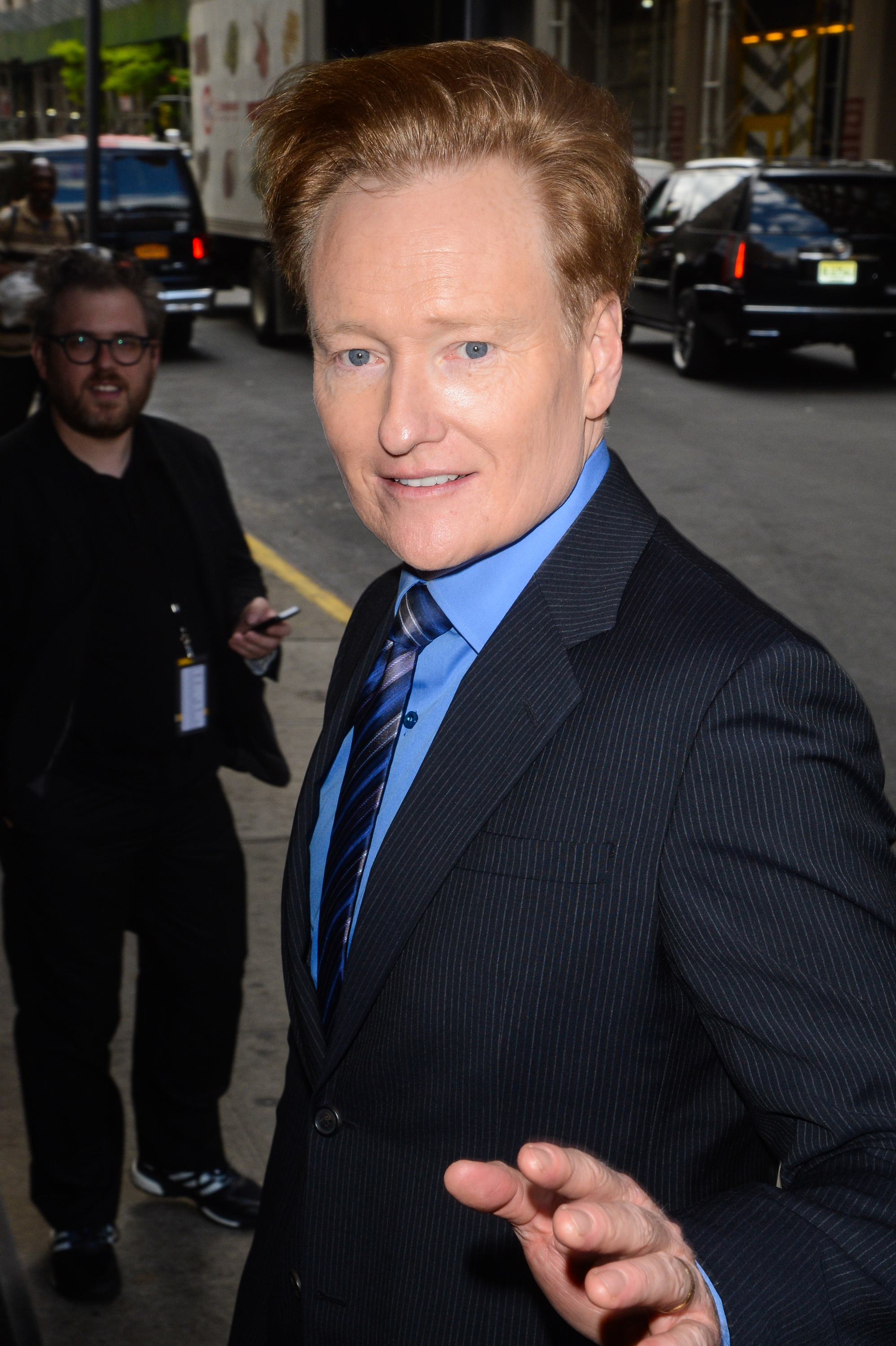 Television personality Conan O'Brien enters the Tao Lounge on May 13, 2015 in New York City.
