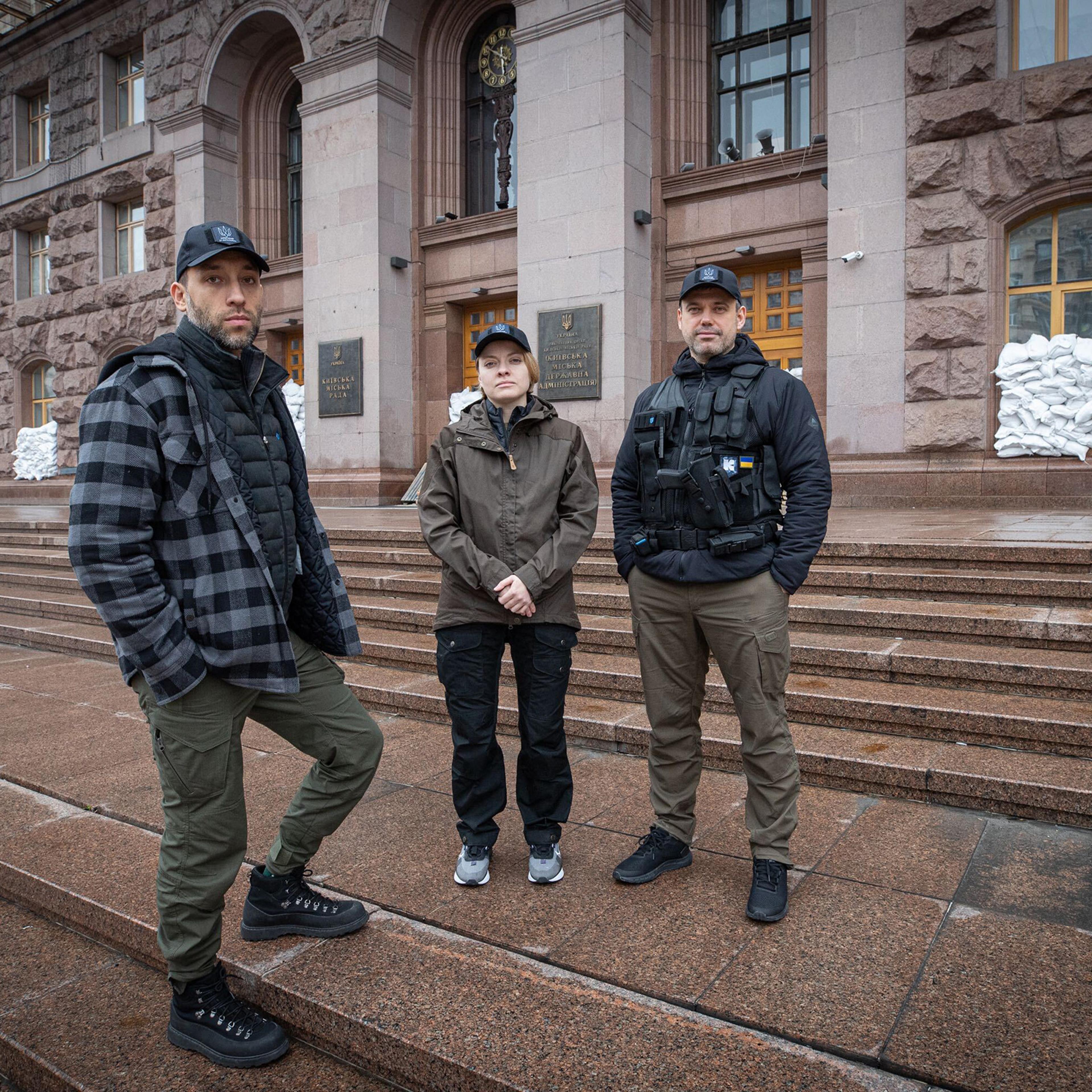 From left, Kyiv Director of IT Oleg Polovynko, Deputy IT Director Victoria Itskovich, and Kyiv Deputy Mayor and Chief Digital Transformation Officer Petro Olenych outside Kyiv’s city administration building on April 1
