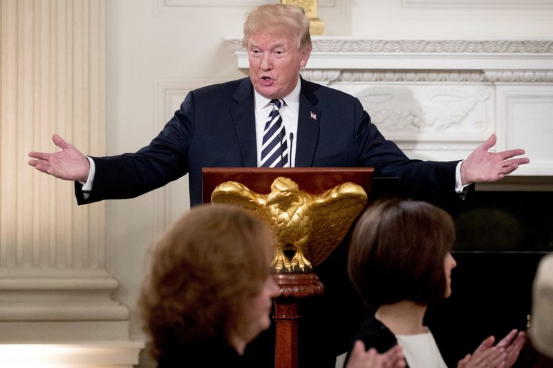 President Donald Trump speaks at an iftar dinner, which breaks a daylong fast, celebrating Islam’s holy month of Ramadan, in the State Dining Room of the White House in Washington on Wednesday, June 6, 2018.
