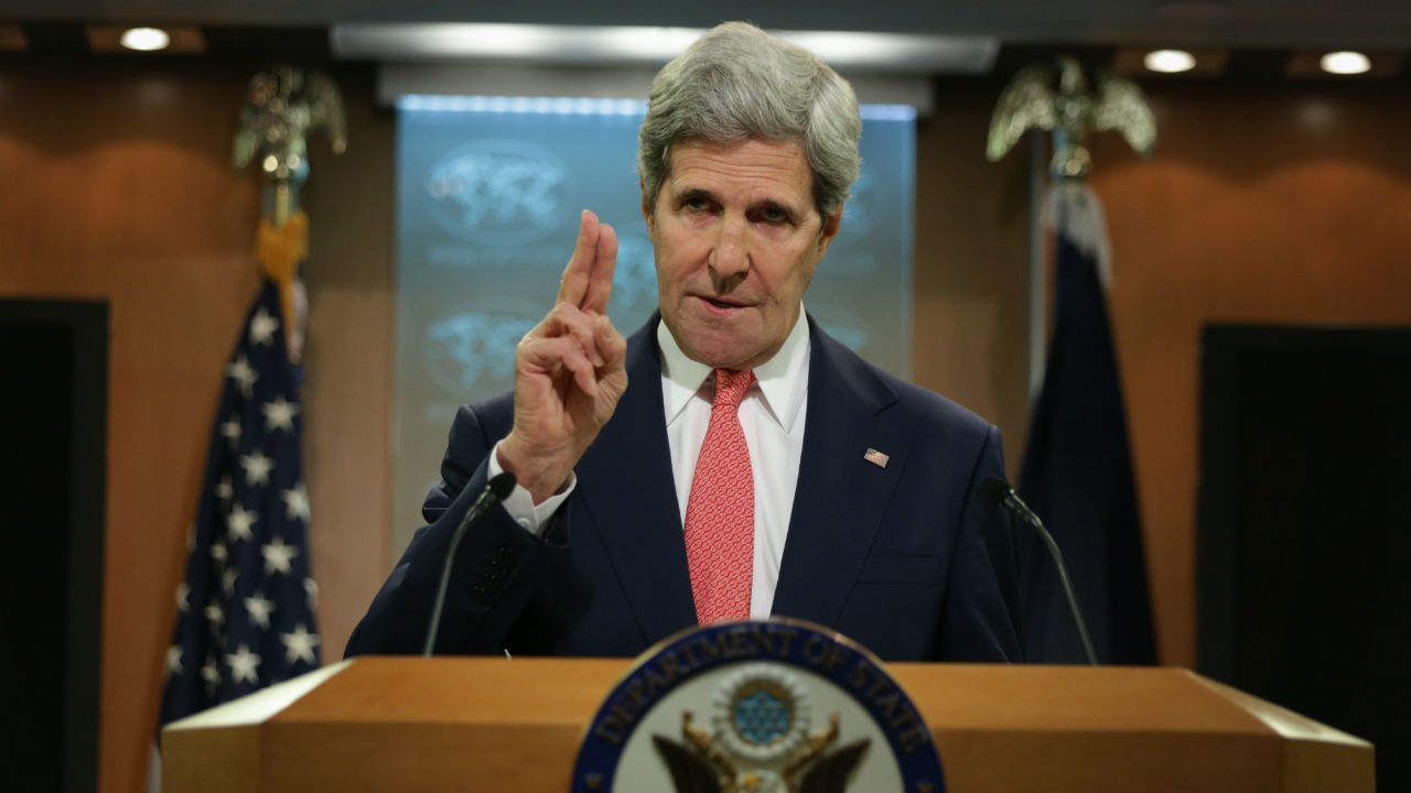 U.S. Secretary of State John Kerry makes a statement on Ukraine at the briefing room of the State Department April 24, 2014 in Washington, DC. 