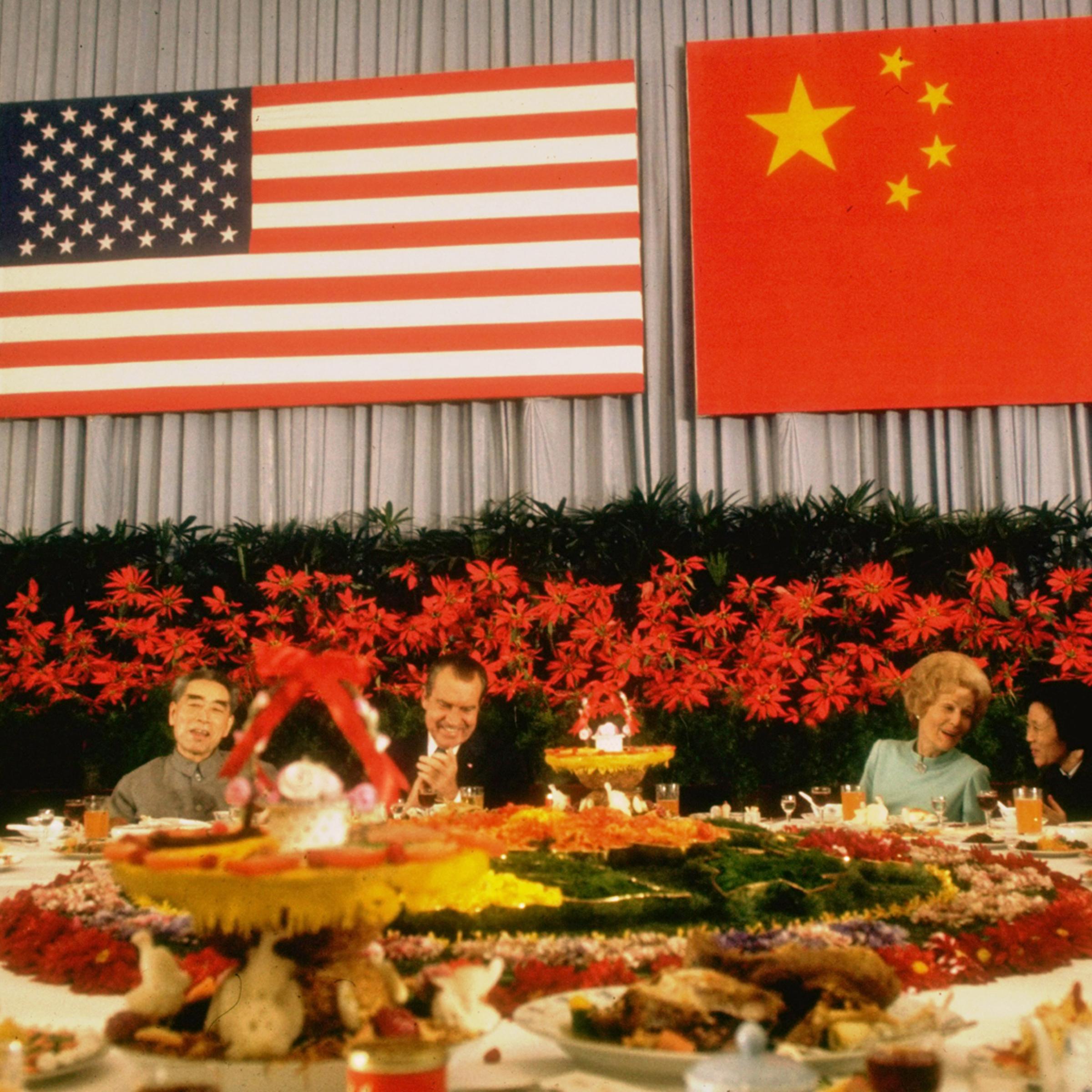 Chinese Premier Chou En-lai, President Richard Nixon, Pat Nixon and Mrs. Chou En-lai at an official banquet during Nixon's landmark visit to China in 1972.
