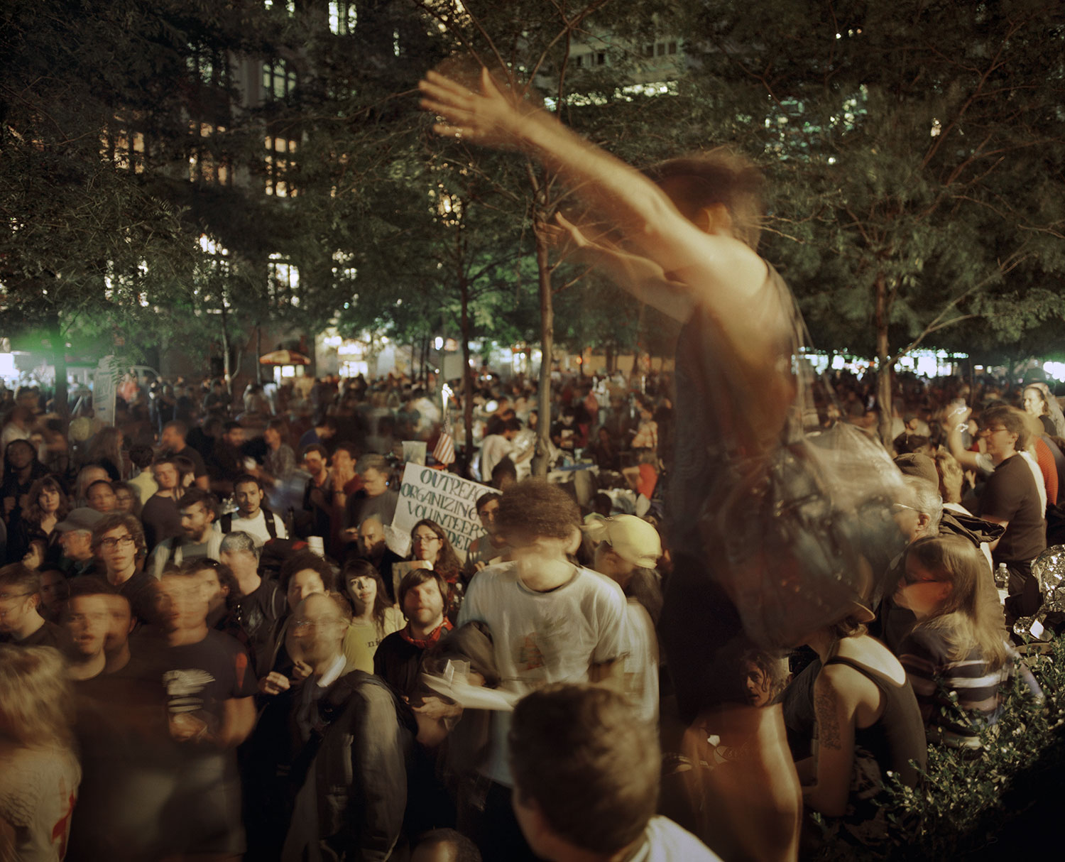 A protester leads an Occupy Wall Street general assembly at Zuccotti Park in New York City. October 7, 2011.