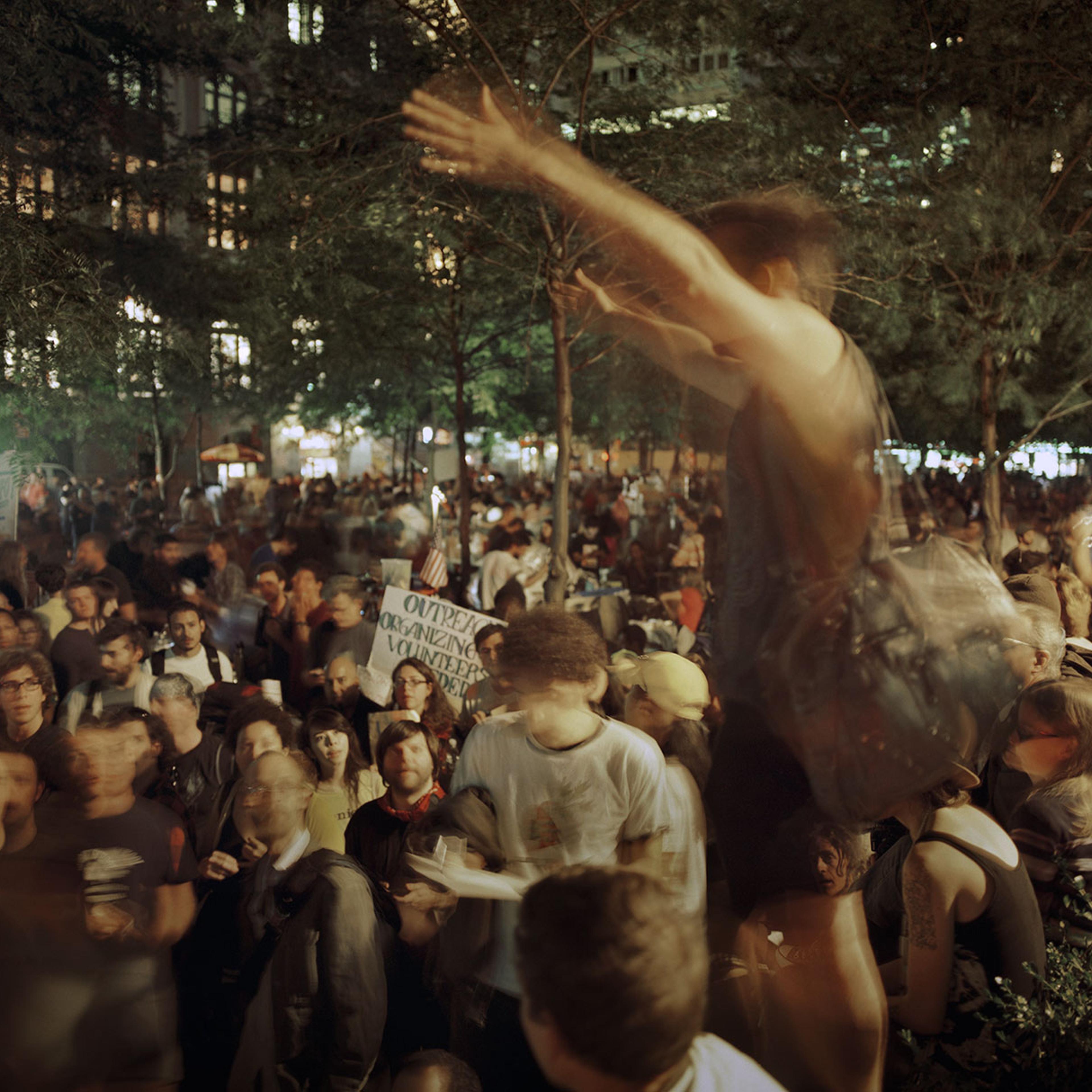 A protester leads an Occupy Wall Street general assembly at Zuccotti Park in New York City. October 7, 2011.