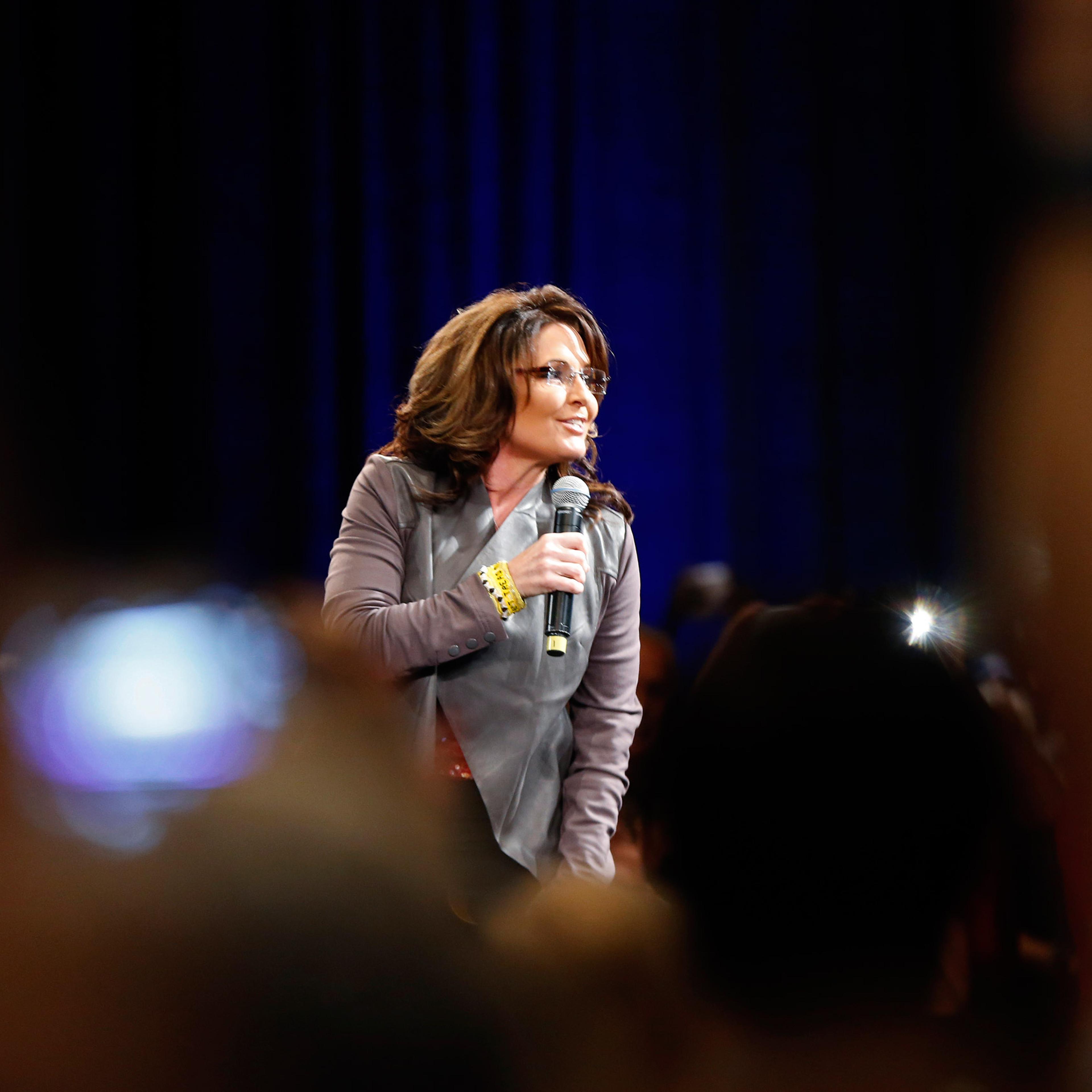 Former Alaska Gov. Sarah Palin speaks on behalf of Republican presidential candidate Donald Trump before Trump arrives at a campaign event in Tampa, Fla., Monday, March 14, 2016. (AP Photo/Gerald Herbert)