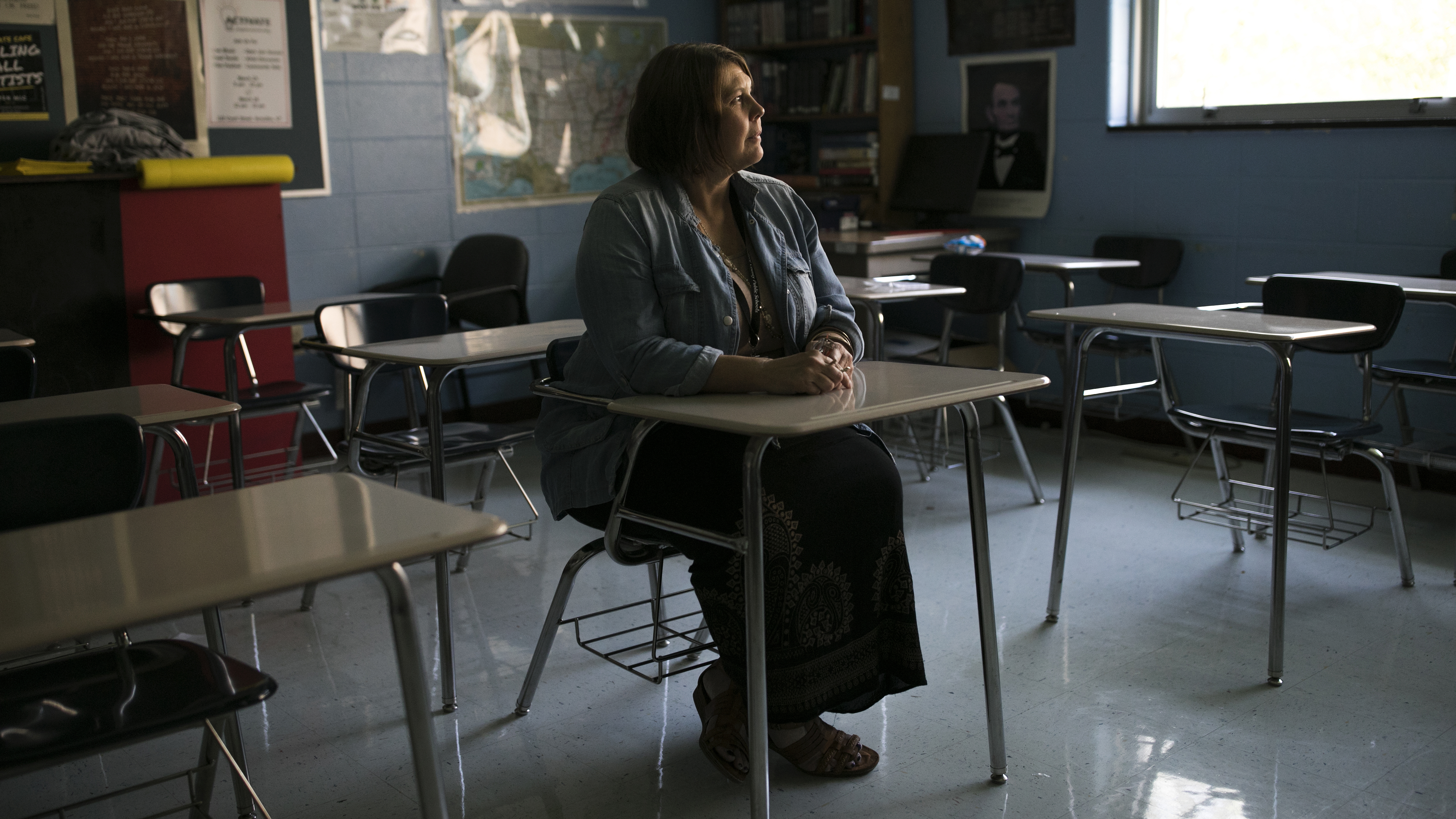 Hope Brown sits in a classroom at Woodford County High School in Versailles, KY on Aug 31.